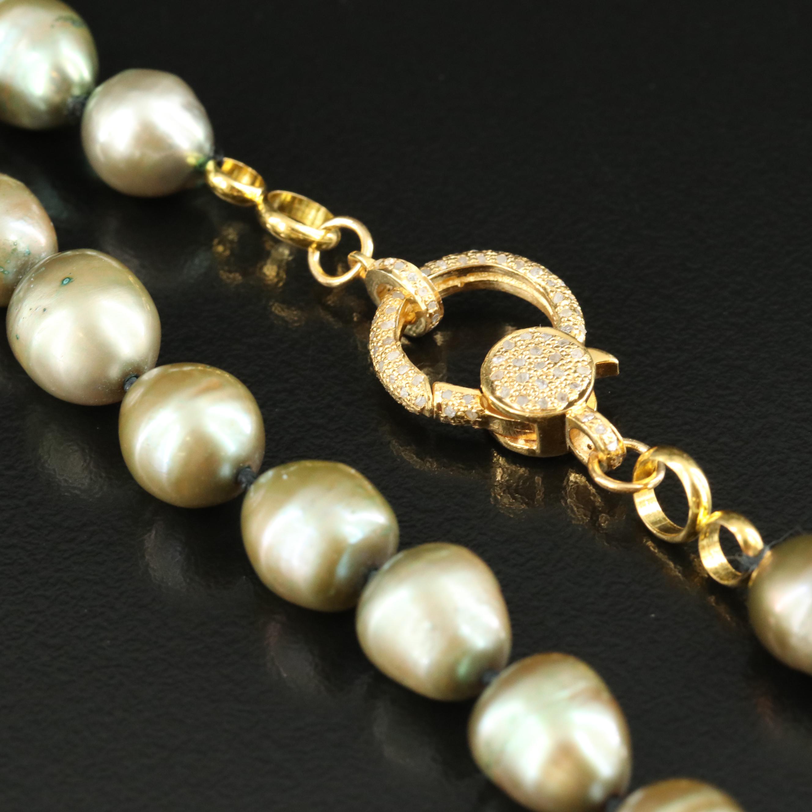 Rope Length Pearl Necklace with Sterling and Diamond Clasp