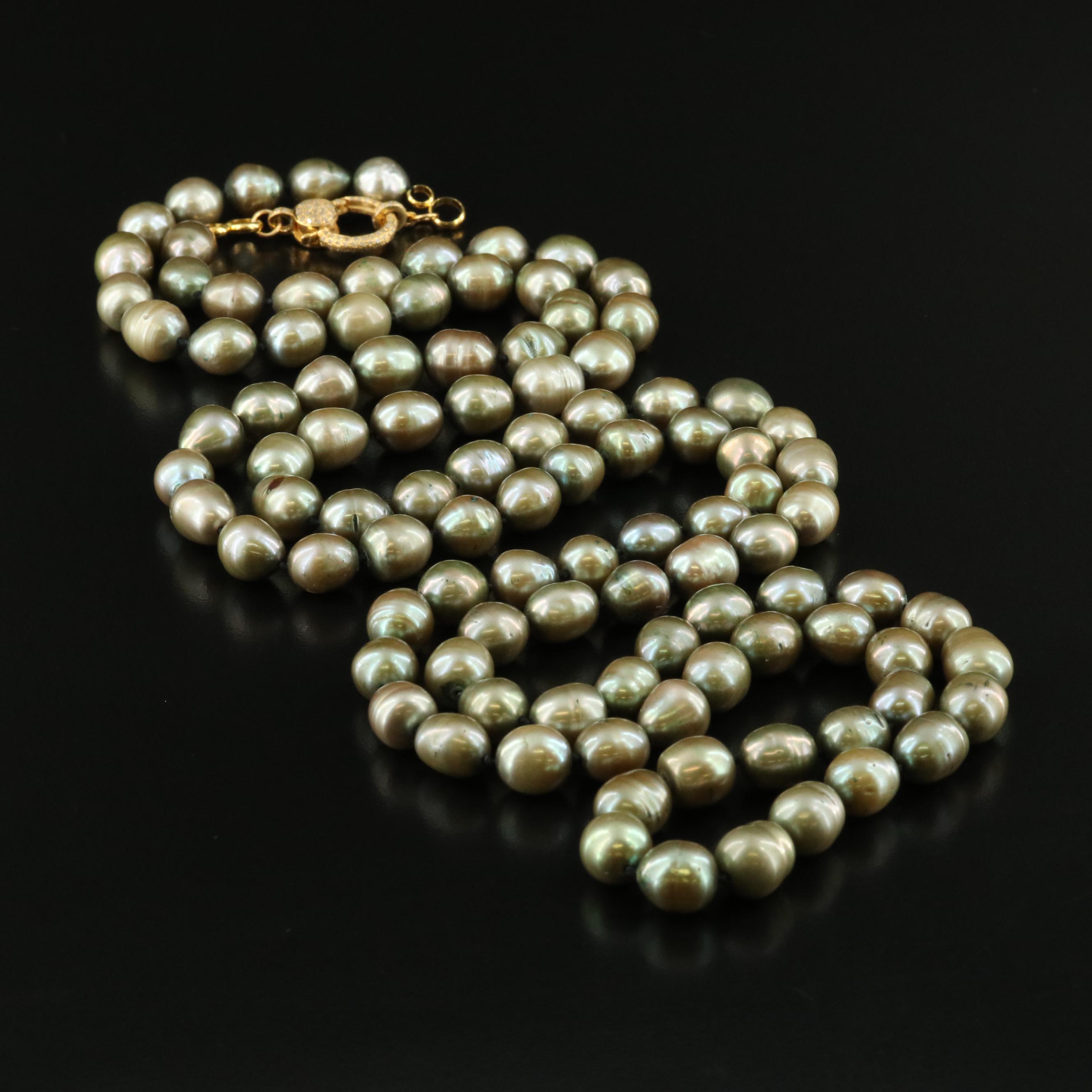 Rope Length Pearl Necklace with Sterling and Diamond Clasp