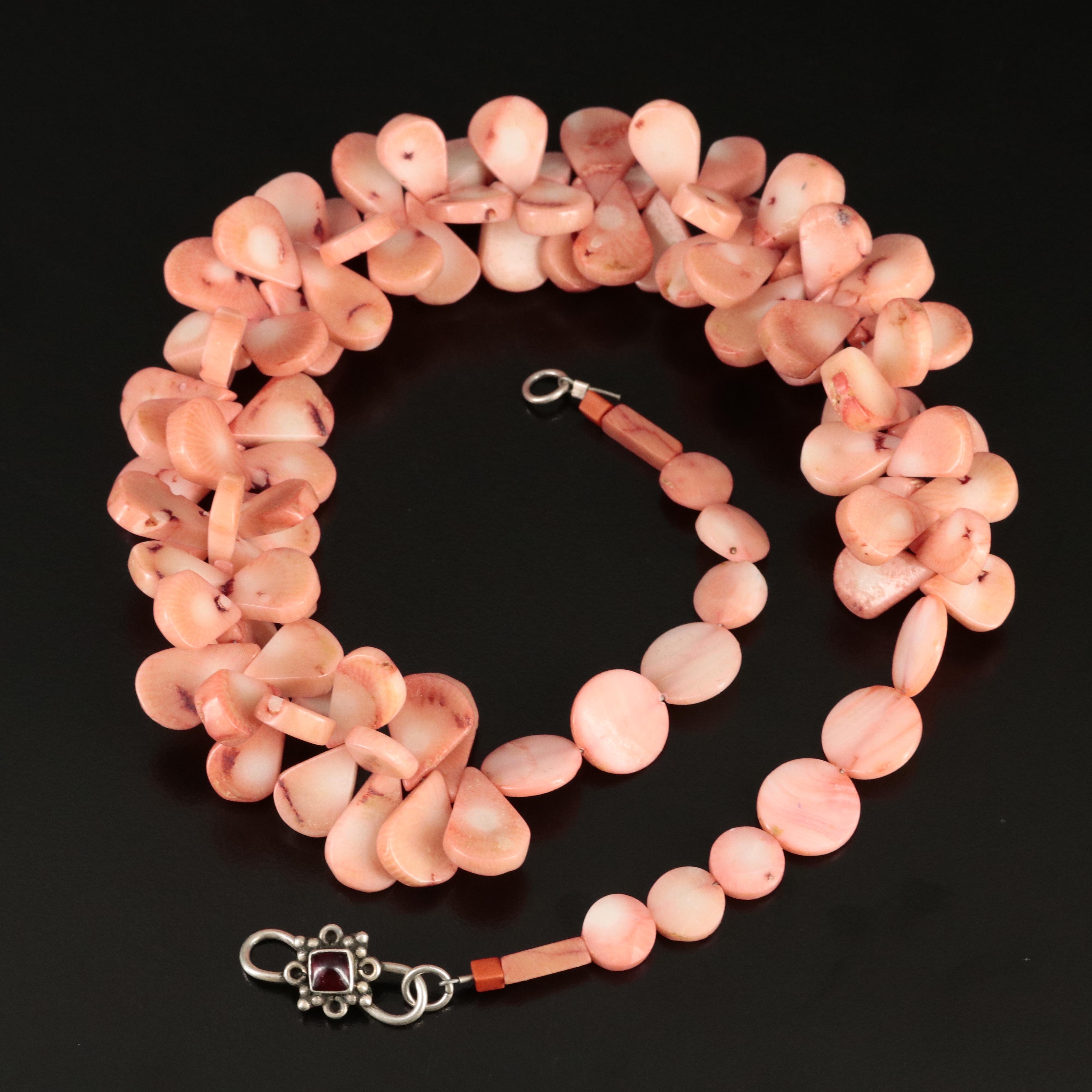 Coral and Rhodolite Garnet Necklace with Sterling Clasp