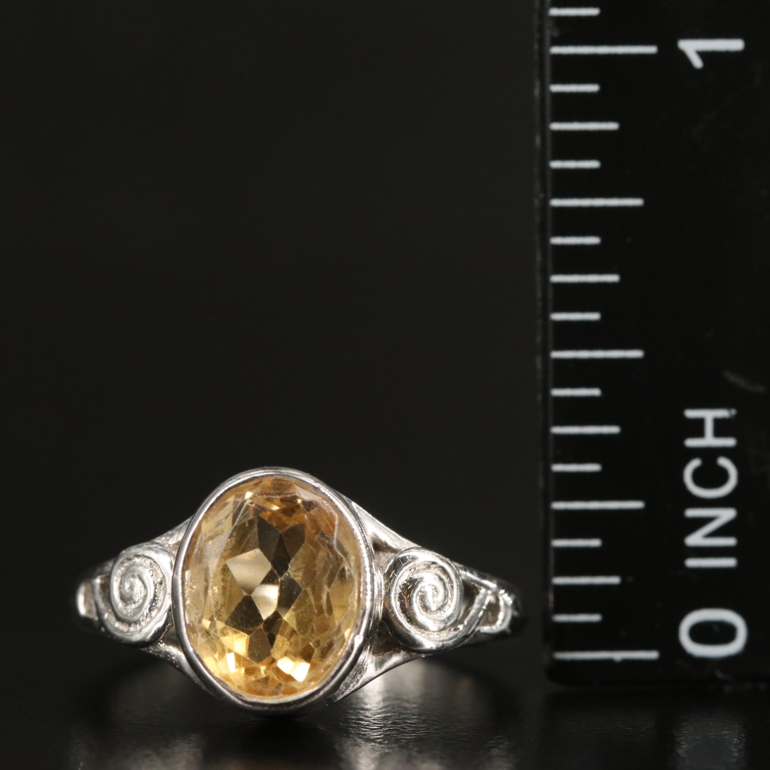Sterling Citrine Ring with Scrollwork Accents