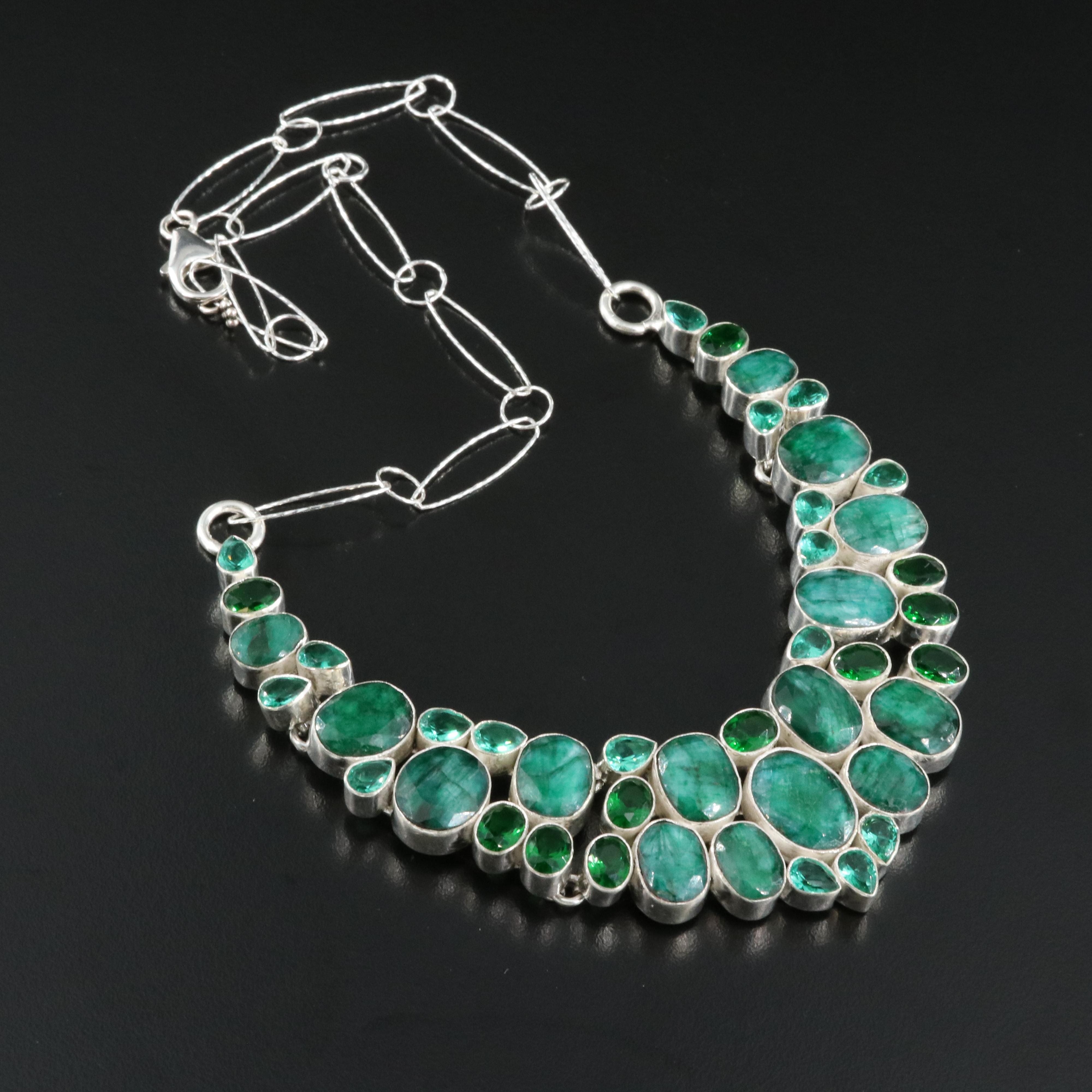 Beryl and Glass Collar with Sterling Chain