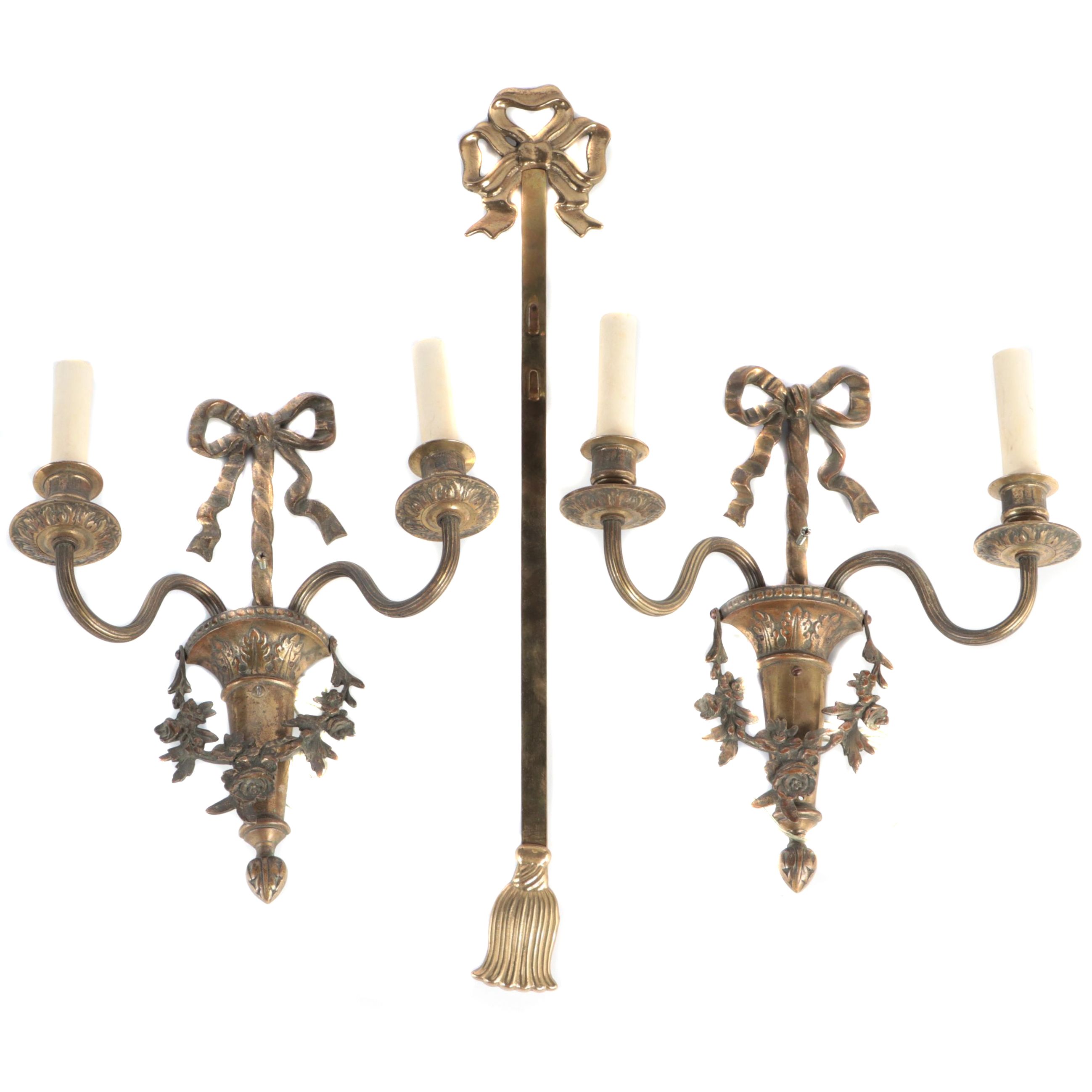 Pair of Brass Ribbon Double Sconces with Brass Ribbon and Tassel Picture Holder
