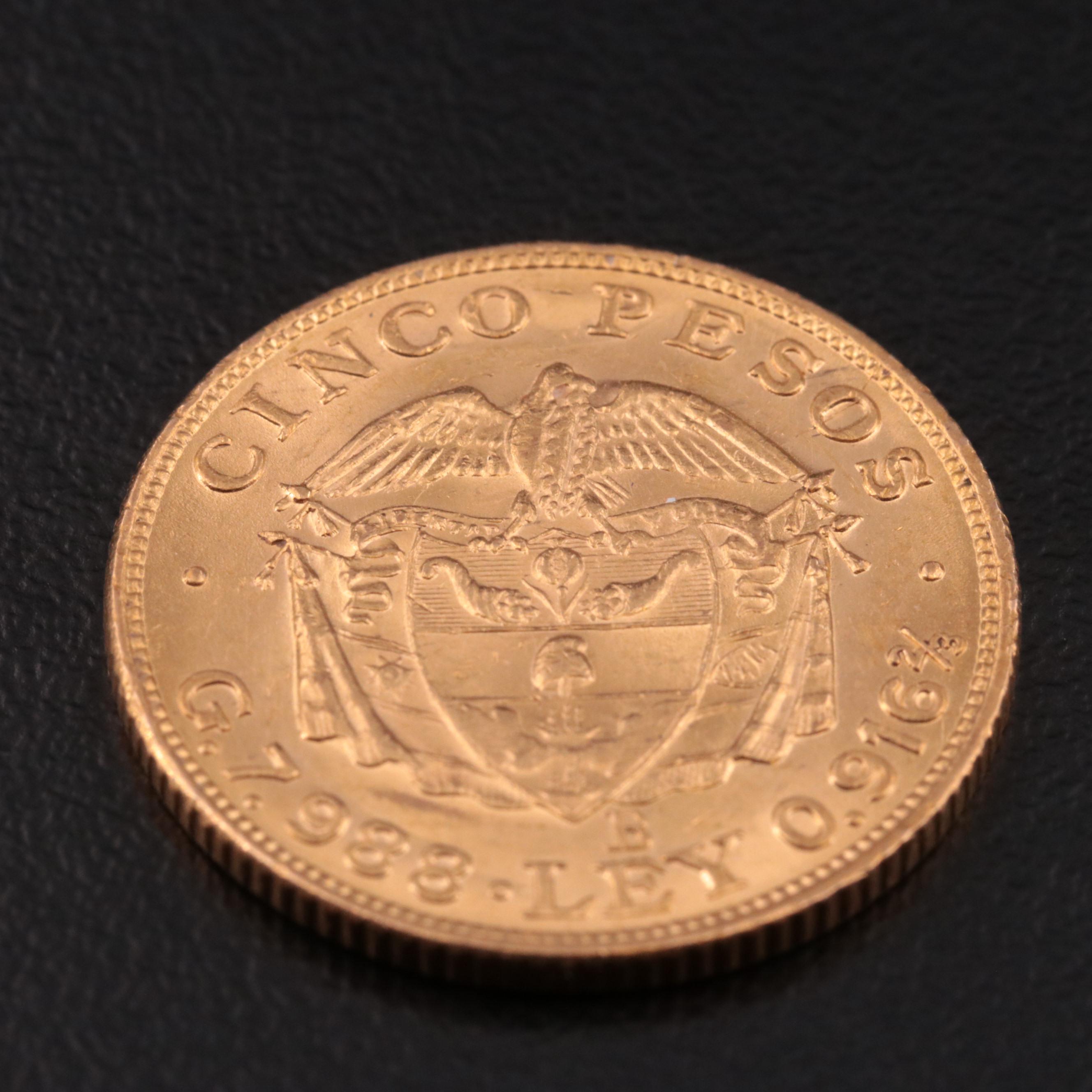 1923 Colombia 5-Pesos Gold Coin