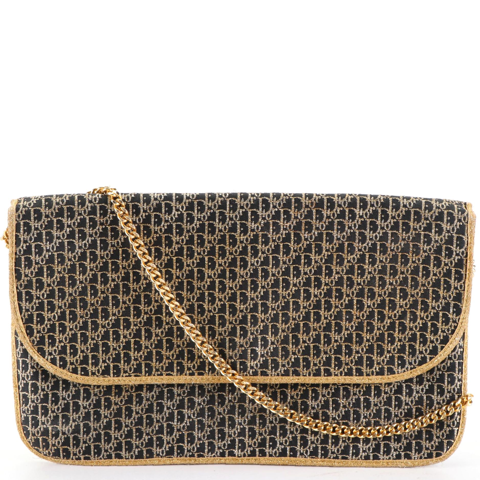 Christian Dior Monogram Trotter Front-Flap Clutch Purse with Chain-Link Strap