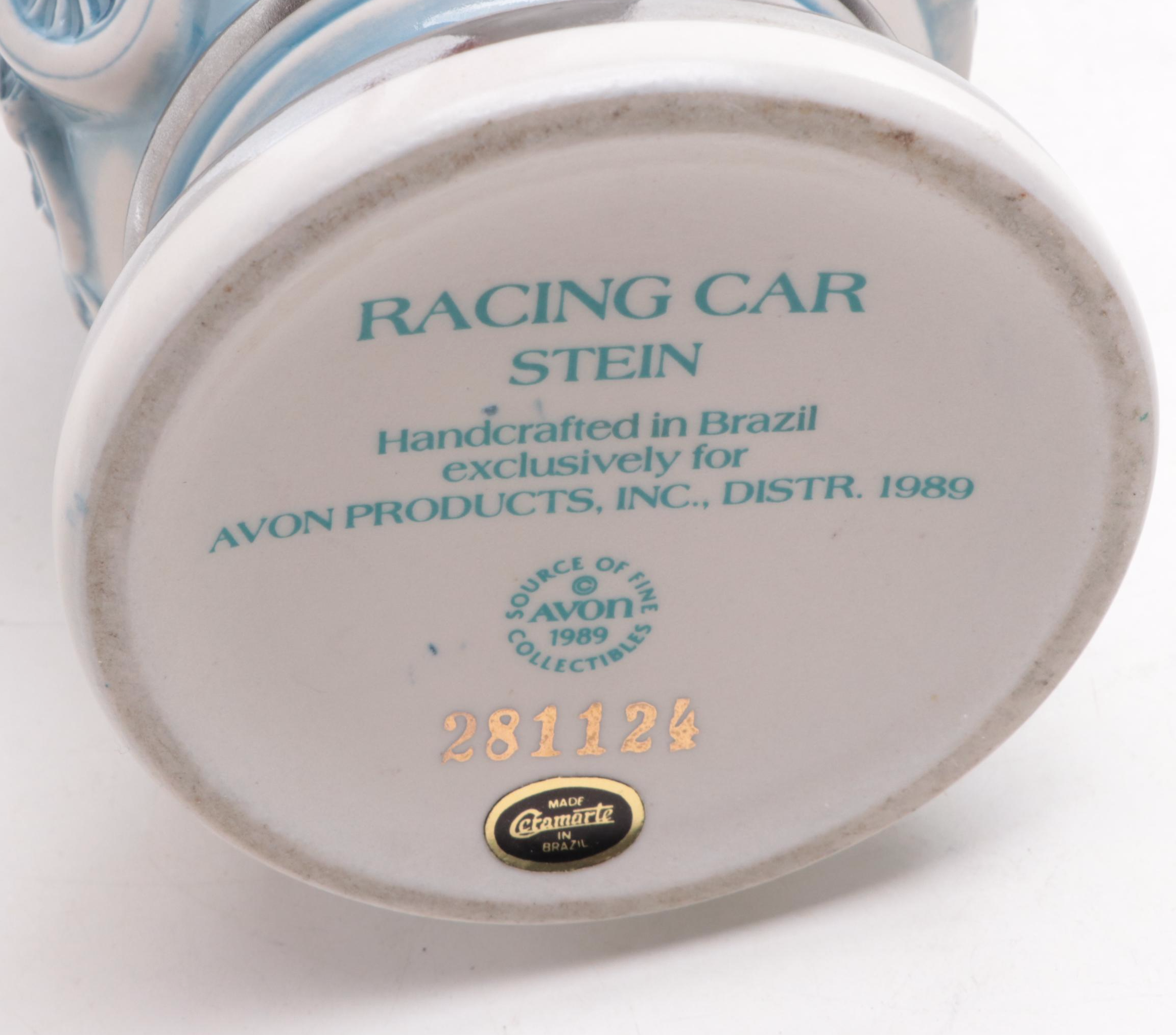 Avon "Racing Car" Ceramic Beer Stein, 1989