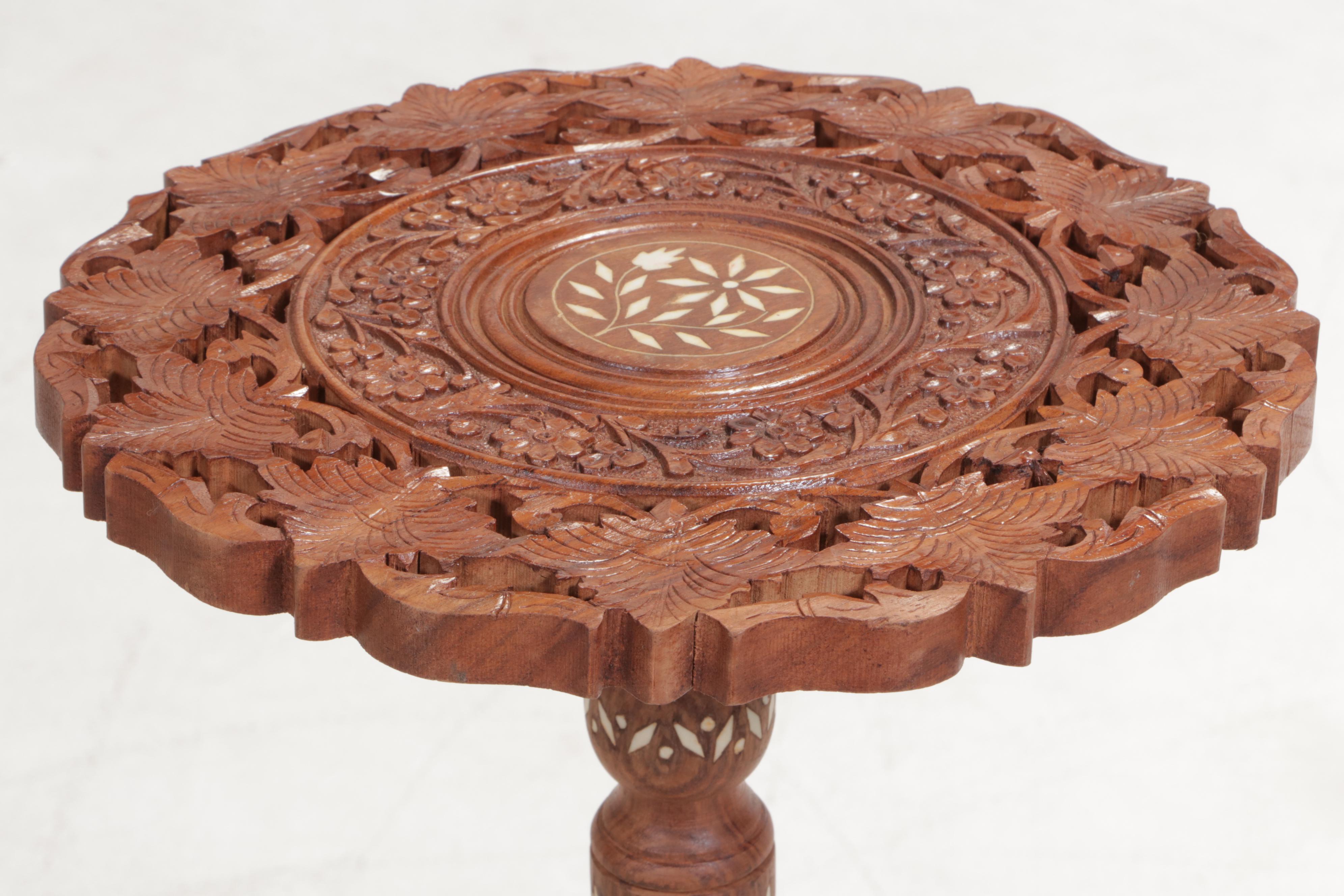 Indian Turned, Carved and Inlaid Hardwood Pedestal Plant Stand