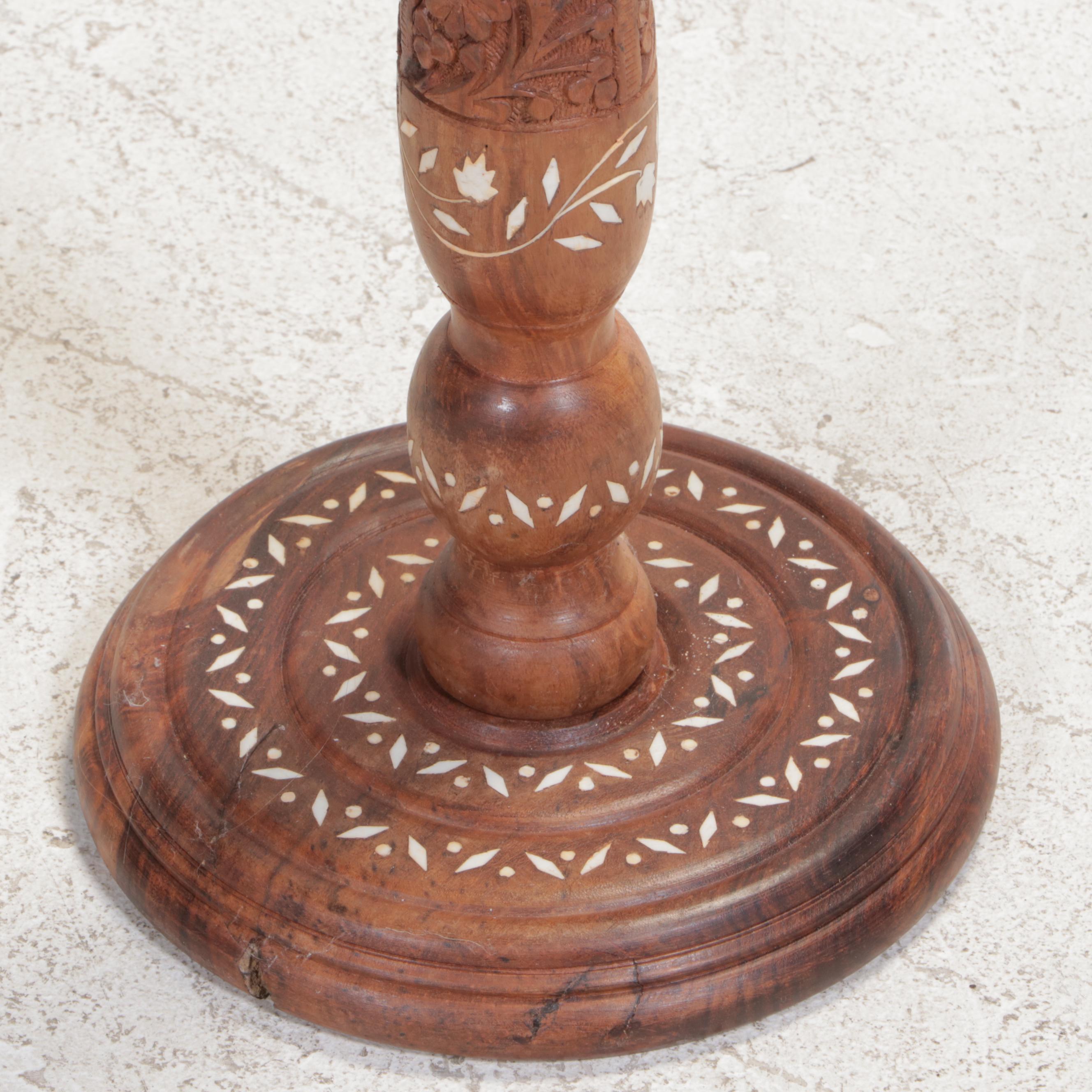 Indian Turned, Carved and Inlaid Hardwood Pedestal Plant Stand
