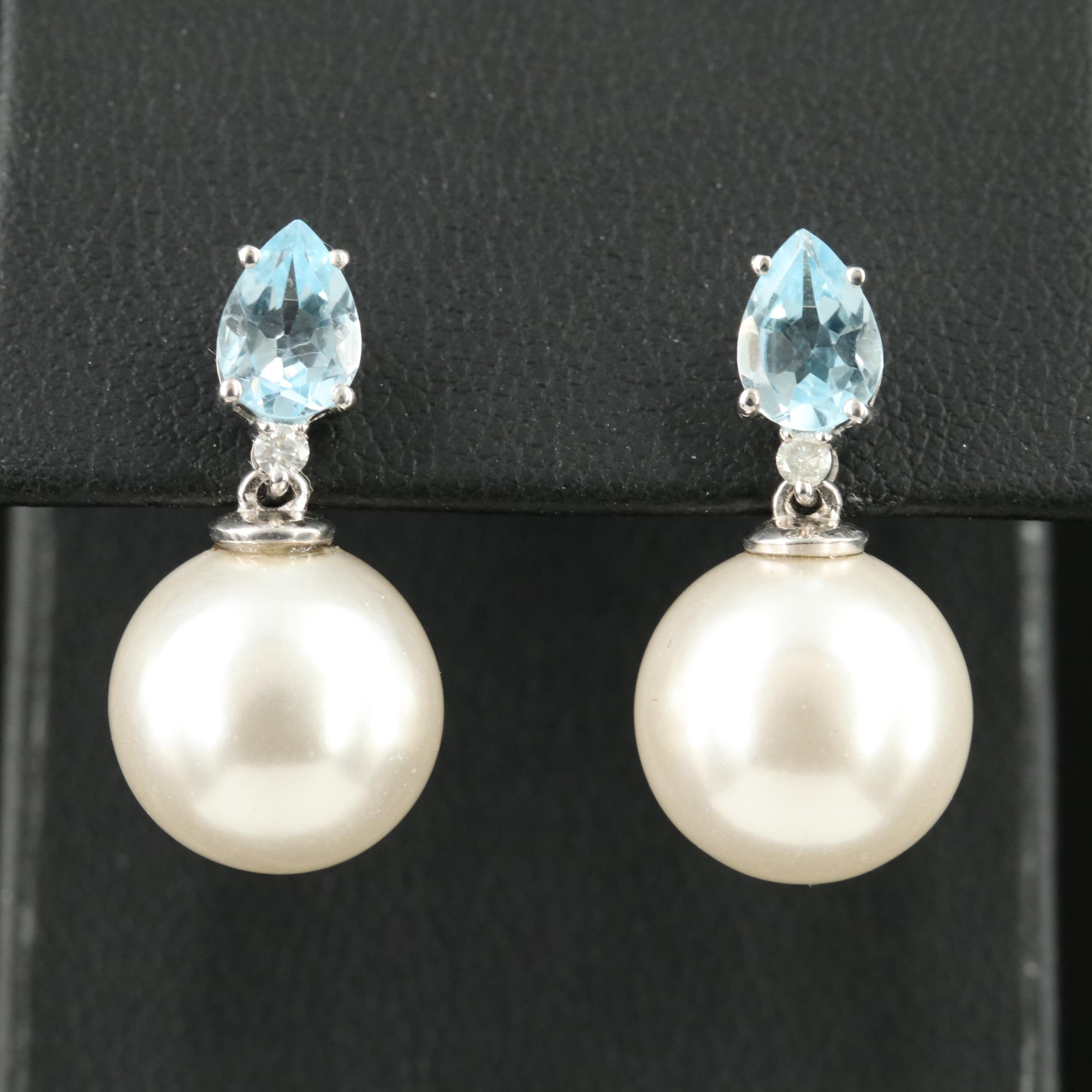 Sterling Faux Pearl, Topaz and Diamond Earrings