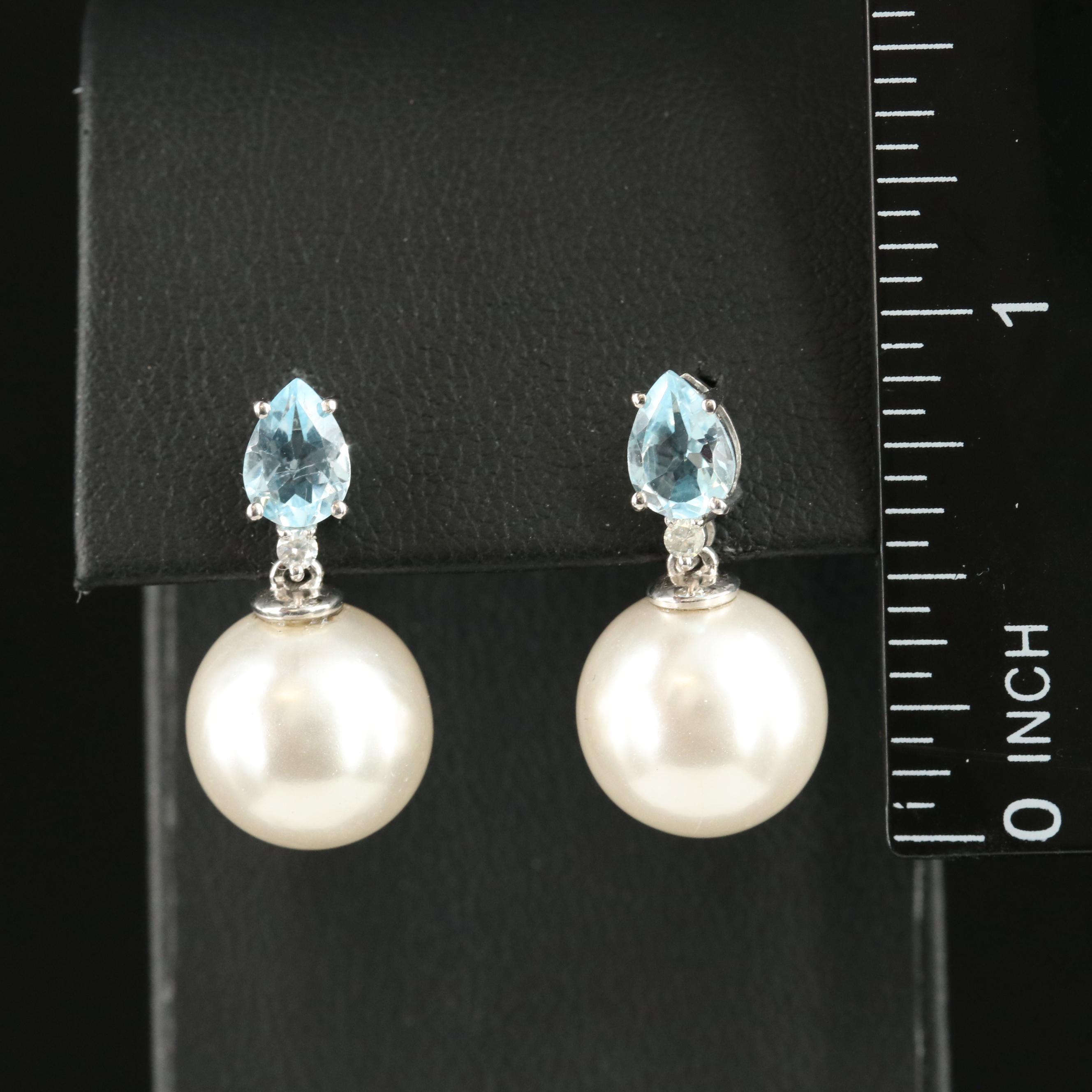 Sterling Faux Pearl, Topaz and Diamond Earrings