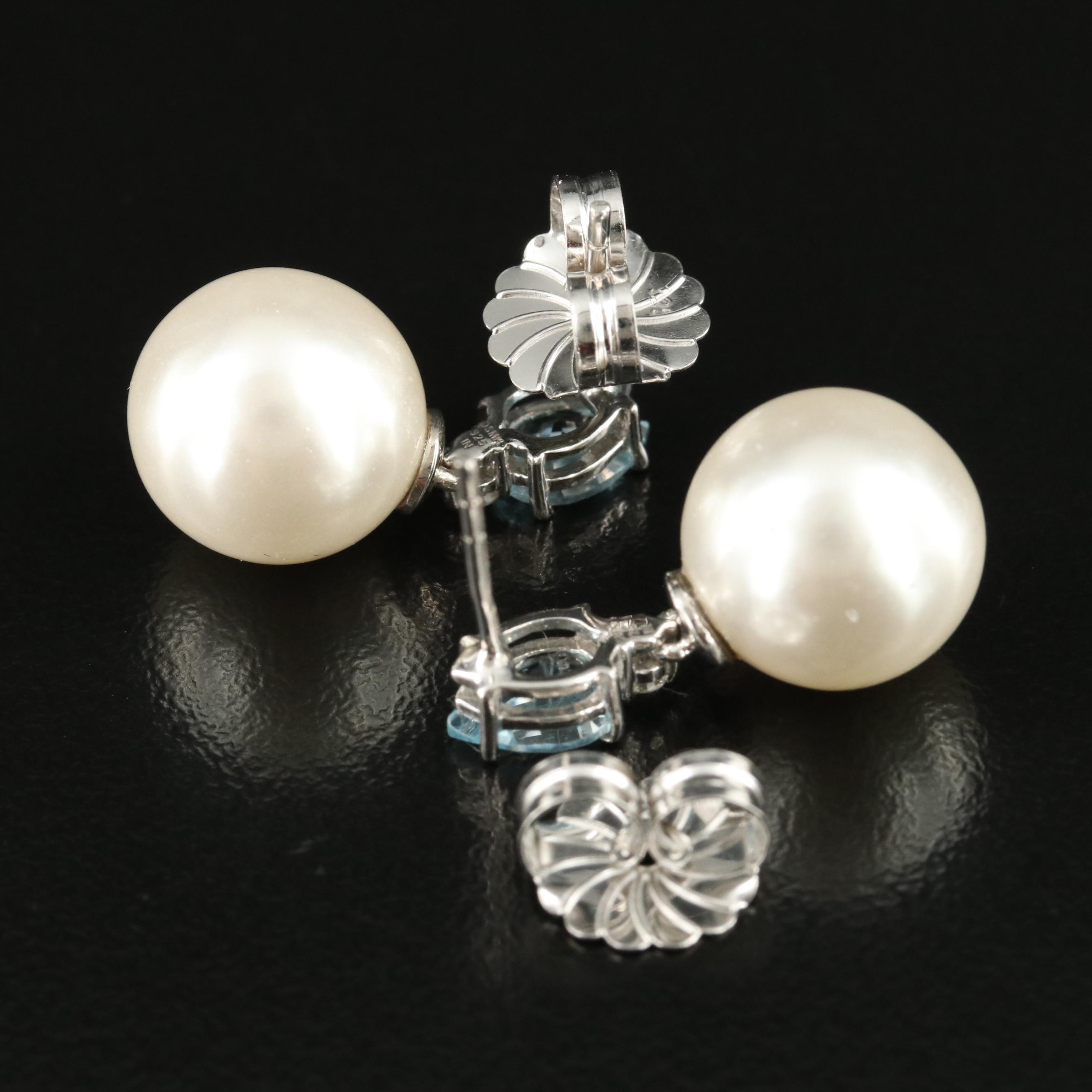 Sterling Faux Pearl, Topaz and Diamond Earrings