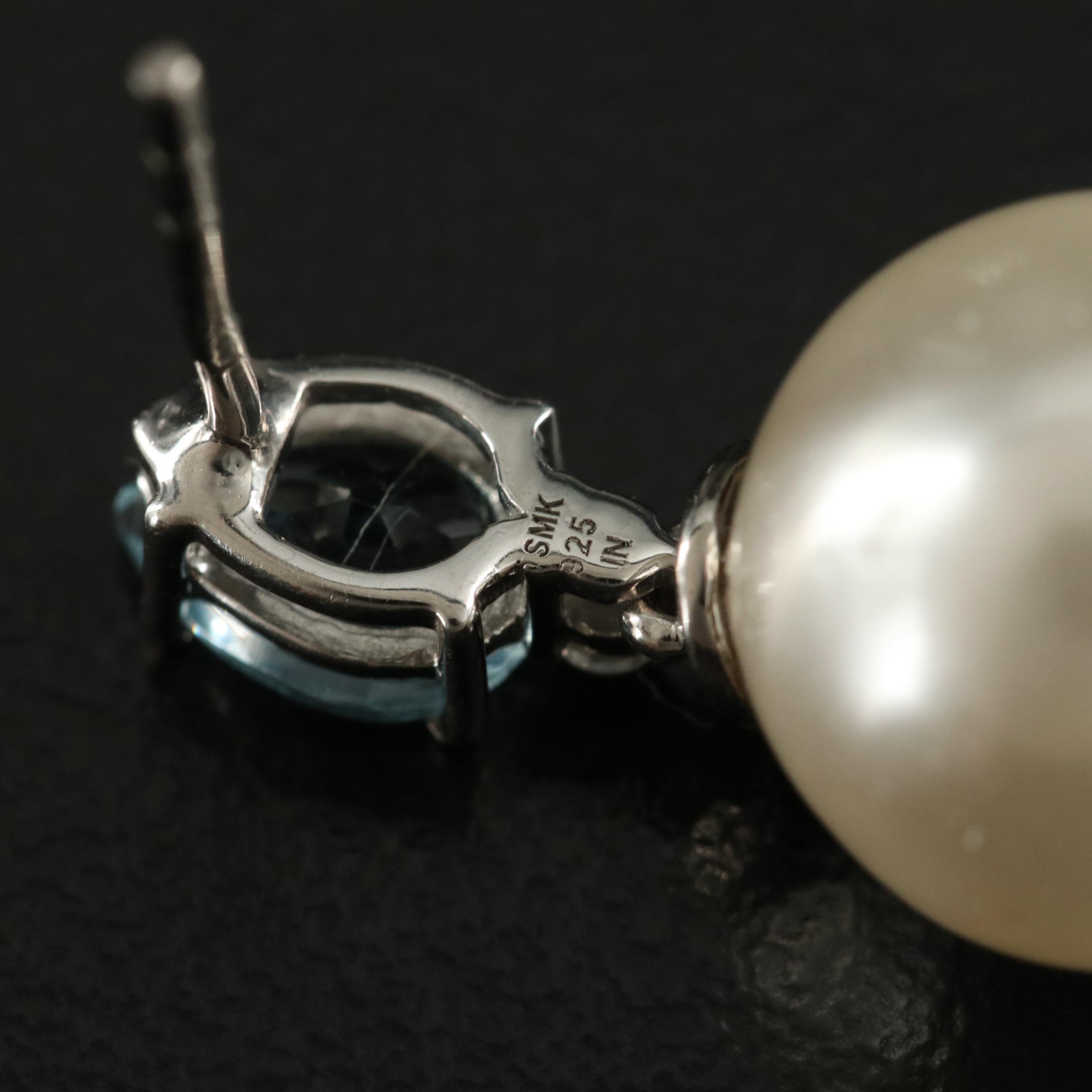 Sterling Faux Pearl, Topaz and Diamond Earrings