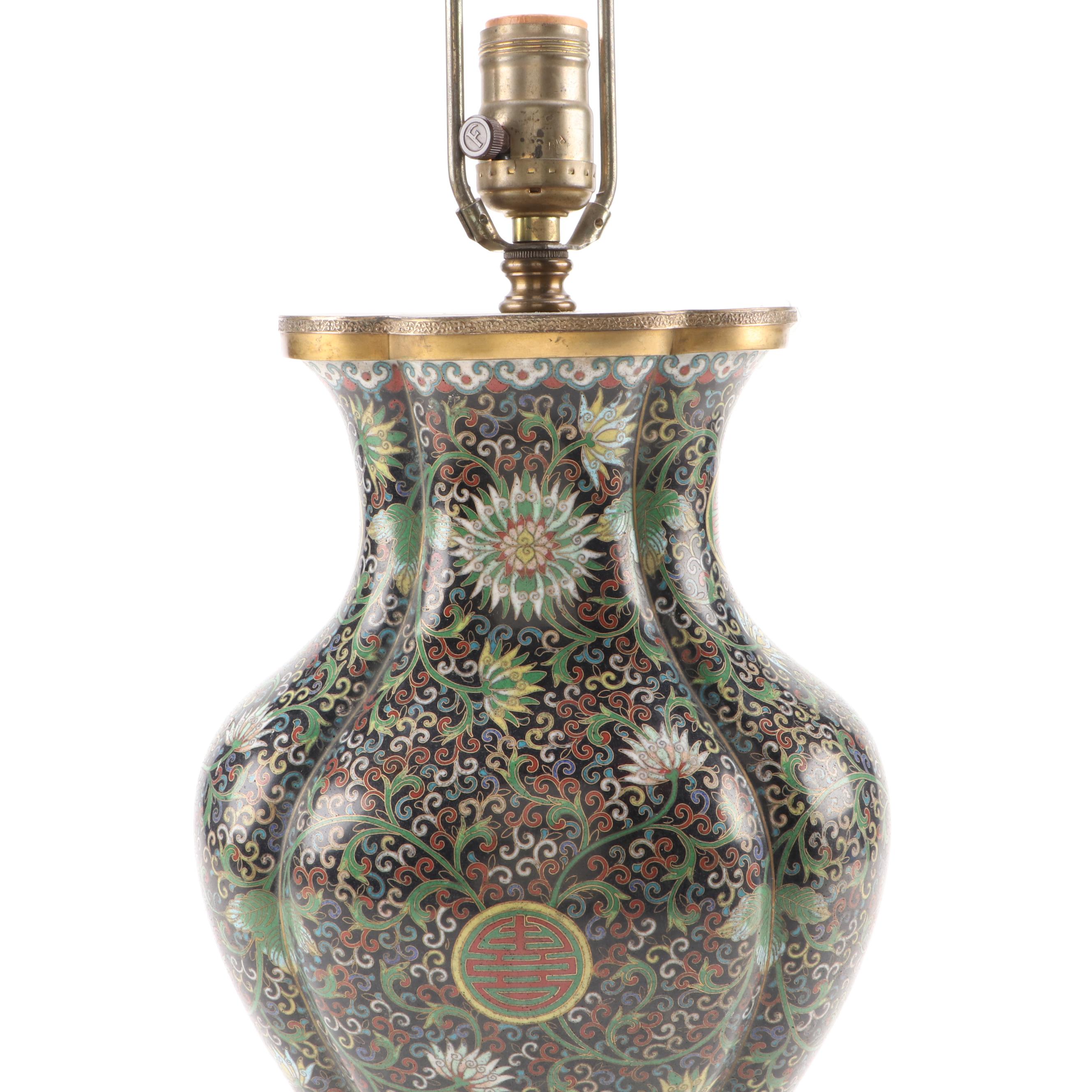 Chinese Cloisonné Shou Character Lobed Vase Table Lamp, Early to Mid-20th C.