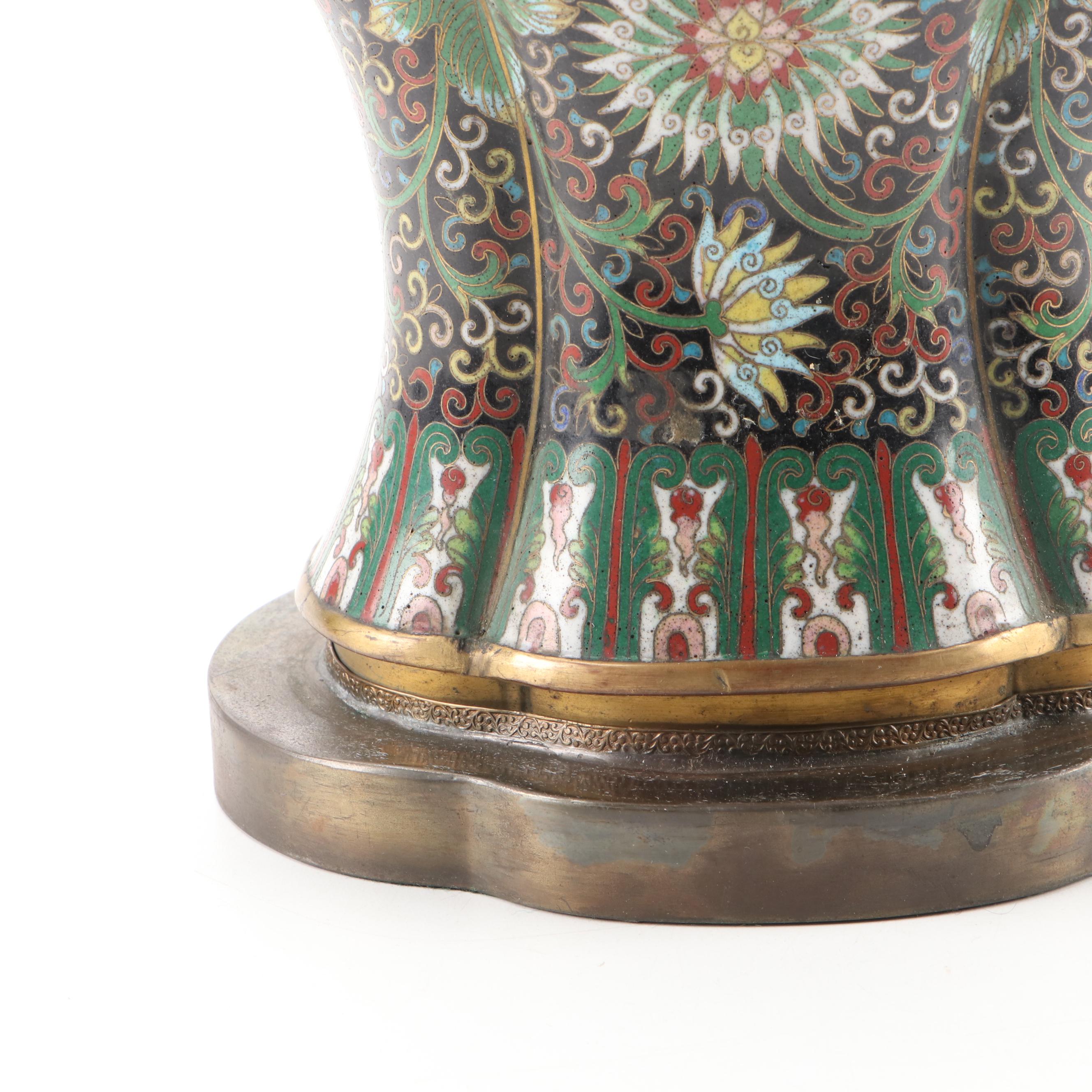 Chinese Cloisonné Shou Character Lobed Vase Table Lamp, Early to Mid-20th C.