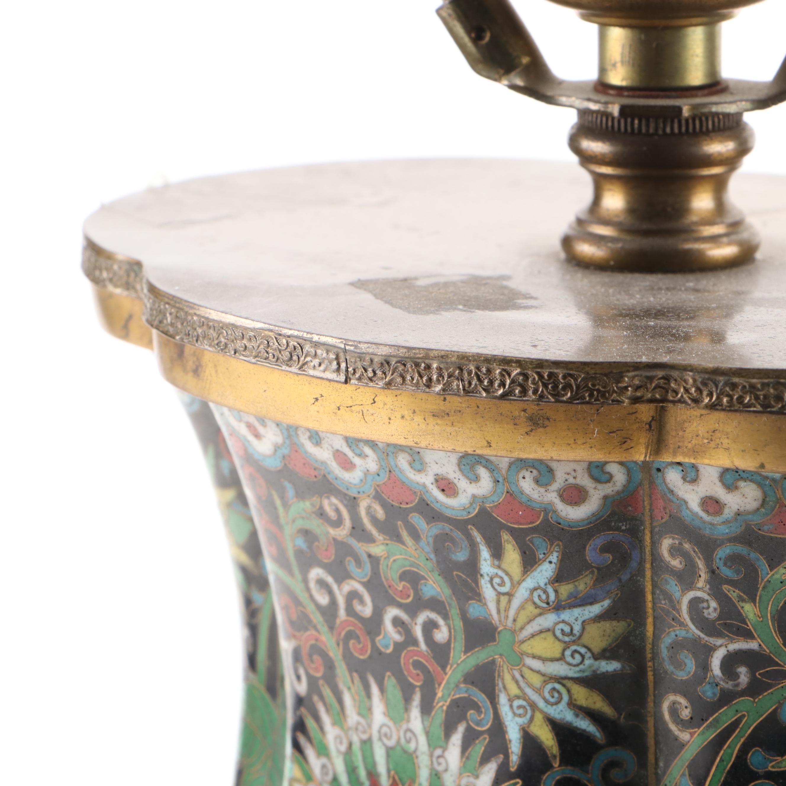 Chinese Cloisonné Shou Character Lobed Vase Table Lamp, Early to Mid-20th C.