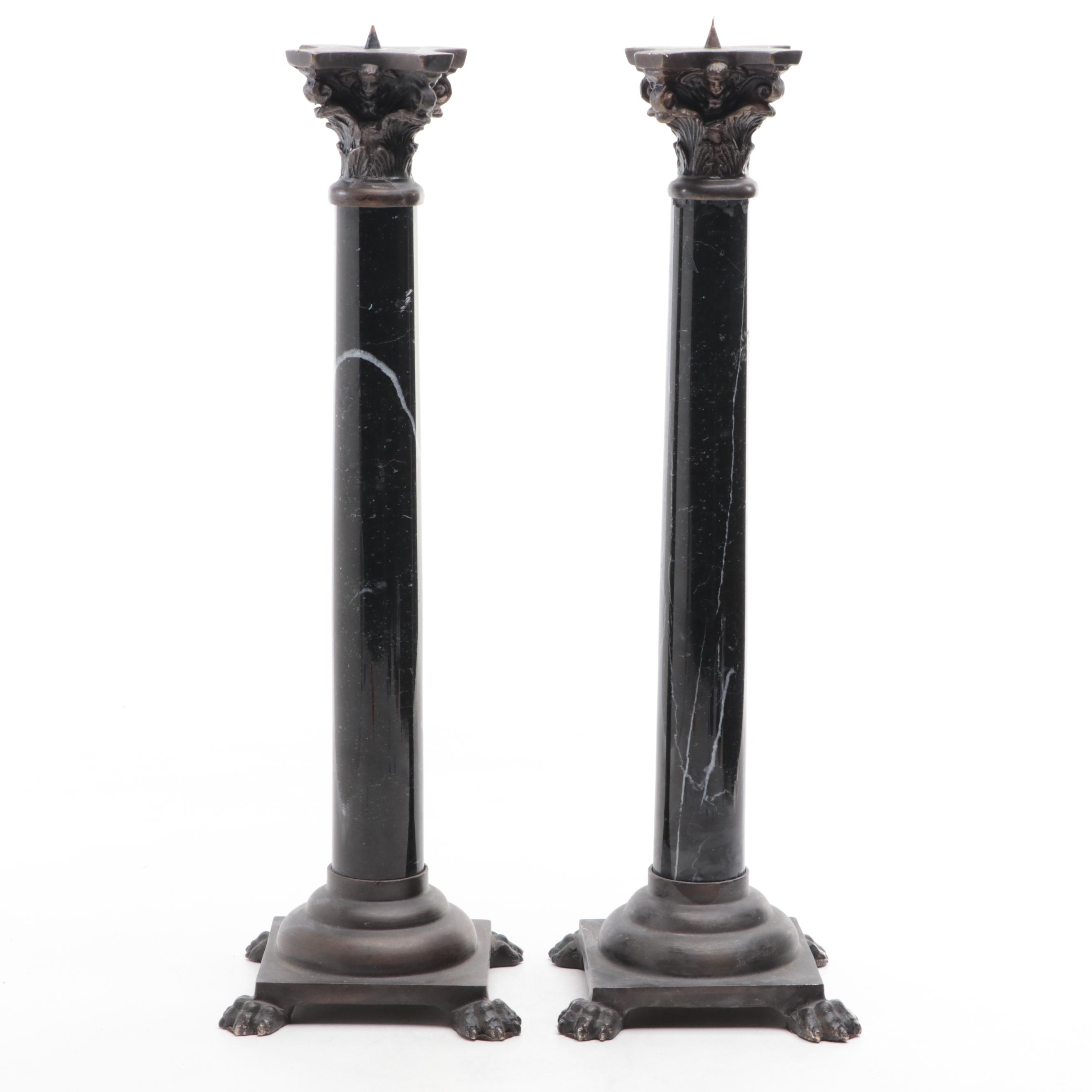 Neoclassical Style Metal Mounted Black Marble Candlestick Pair, 20th Century