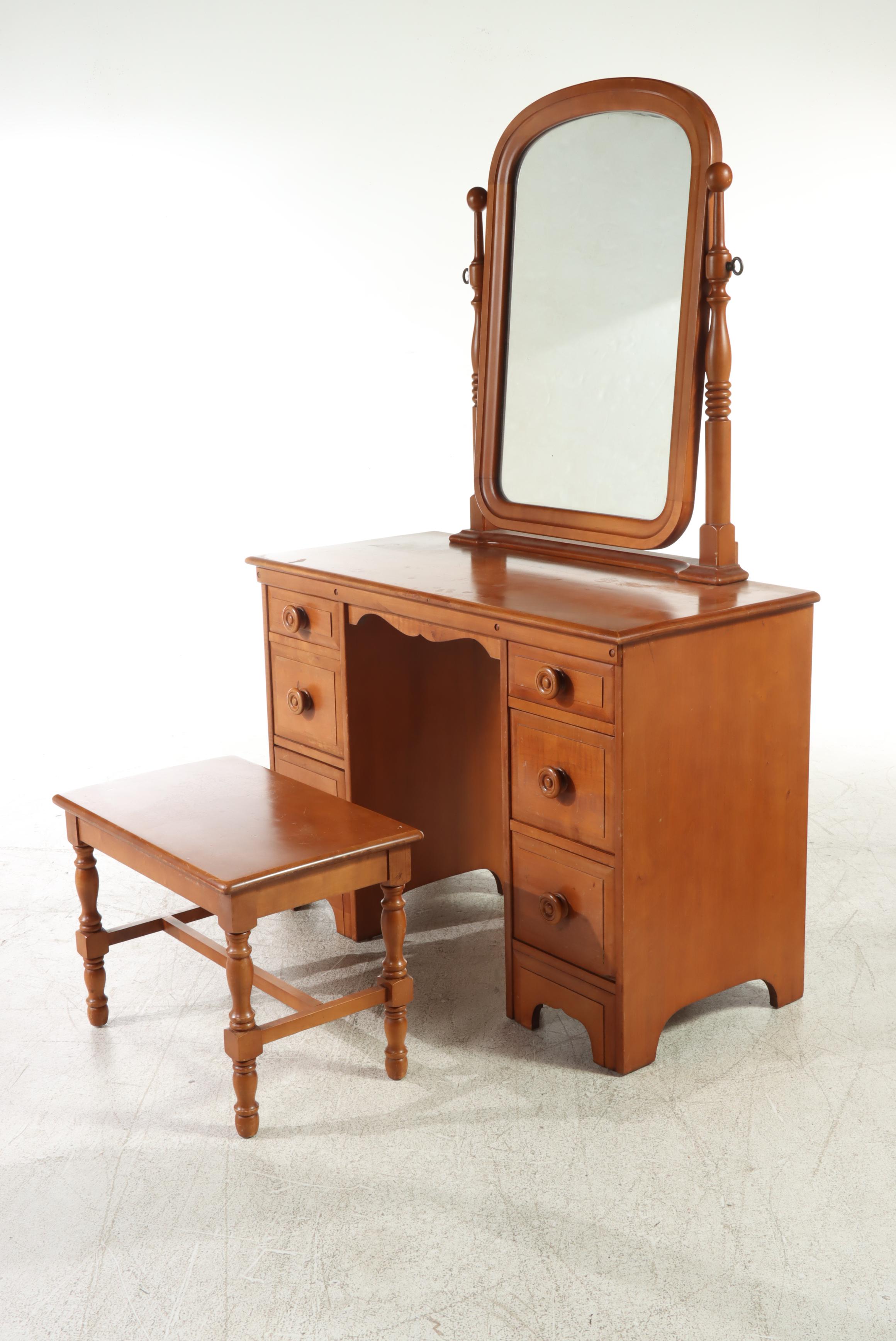 American Colonial Style Maple Vanity Table and Stool, Mid-20th Century