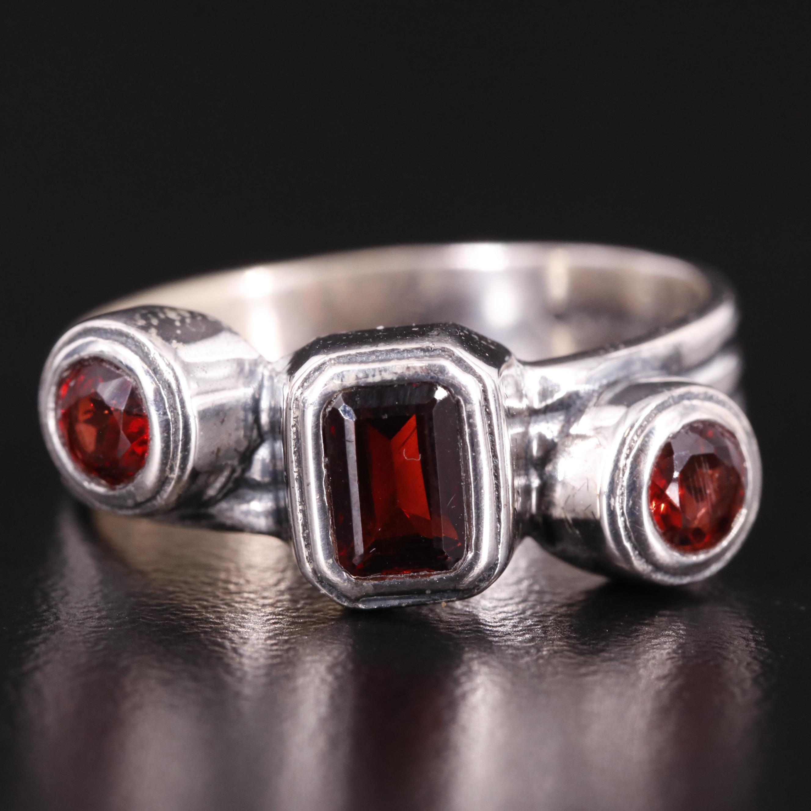 Sterling Three Stone Garnet Ring