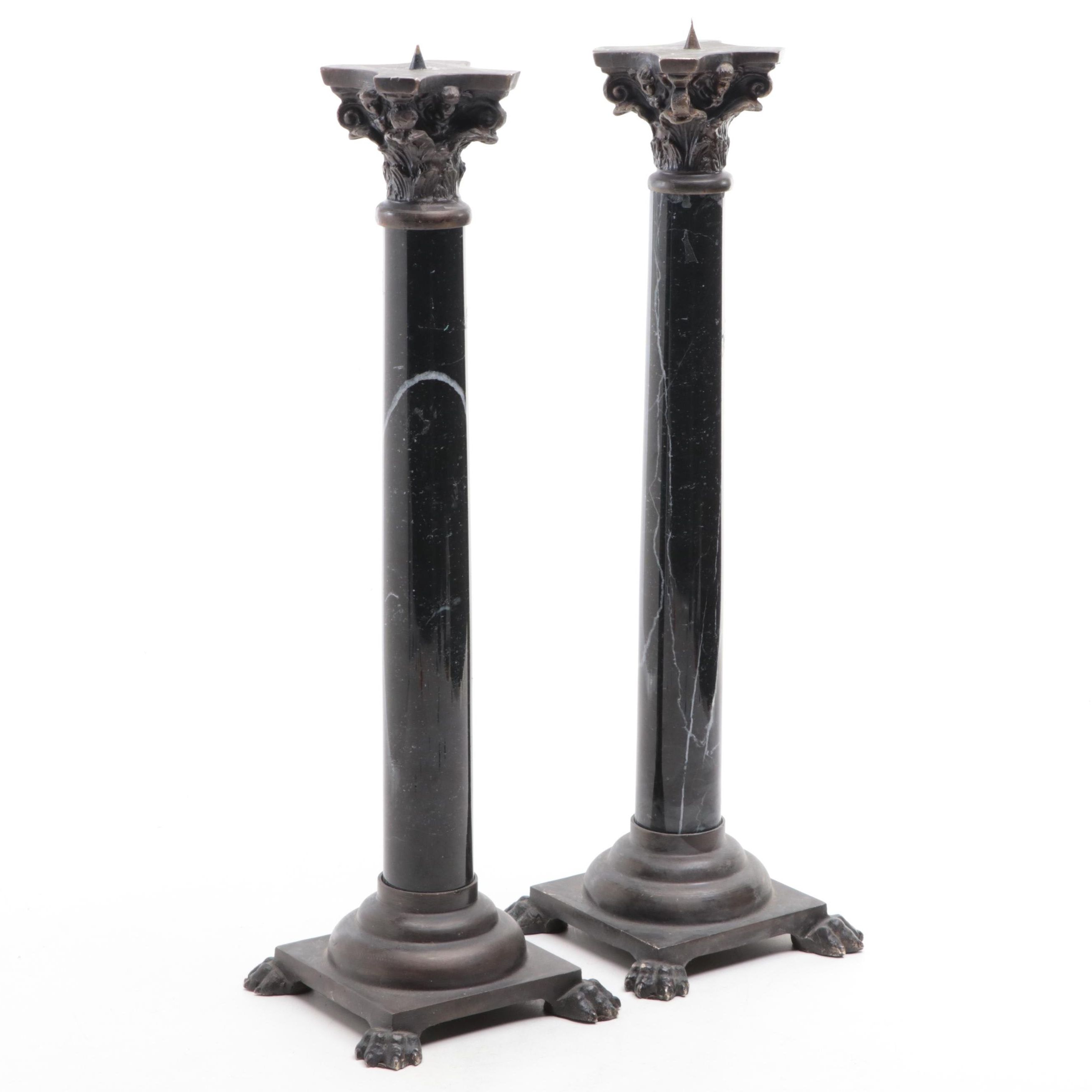 Neoclassical Style Metal Mounted Black Marble Candlestick Pair, 20th Century