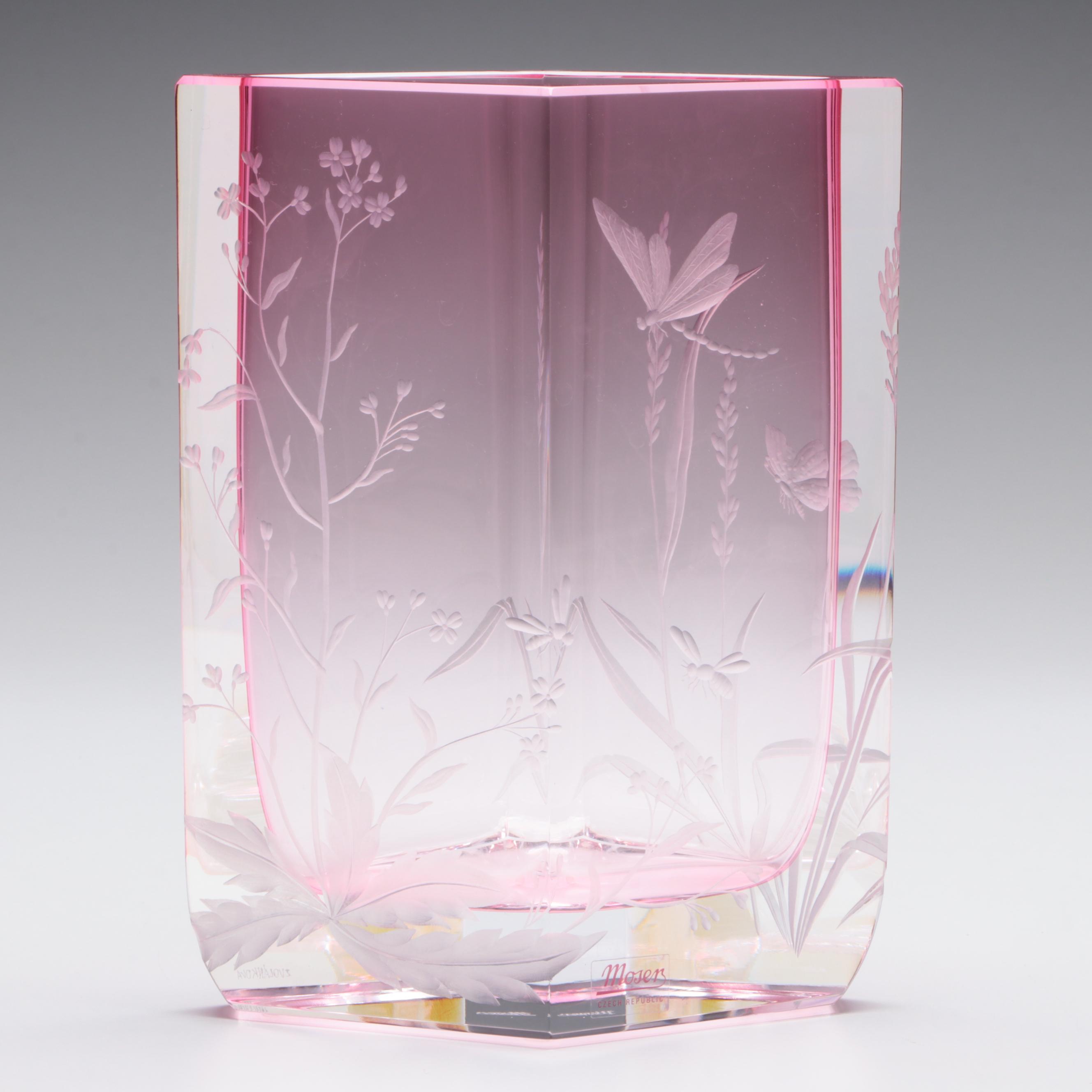 Milada Zvolánková for Moser Cut and Engraved Meadow Motif Rose Crystal Vase