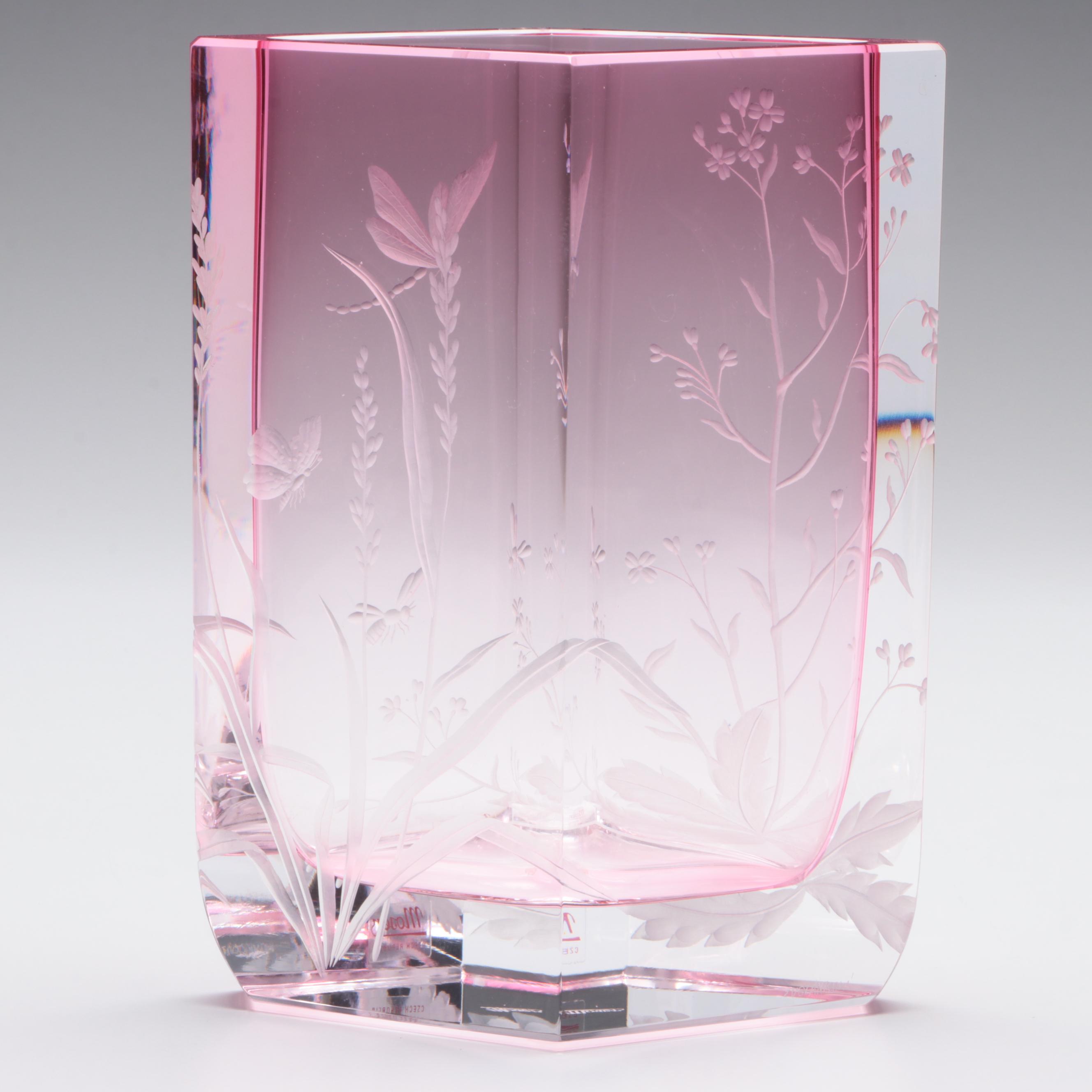 Milada Zvolánková for Moser Cut and Engraved Meadow Motif Rose Crystal Vase