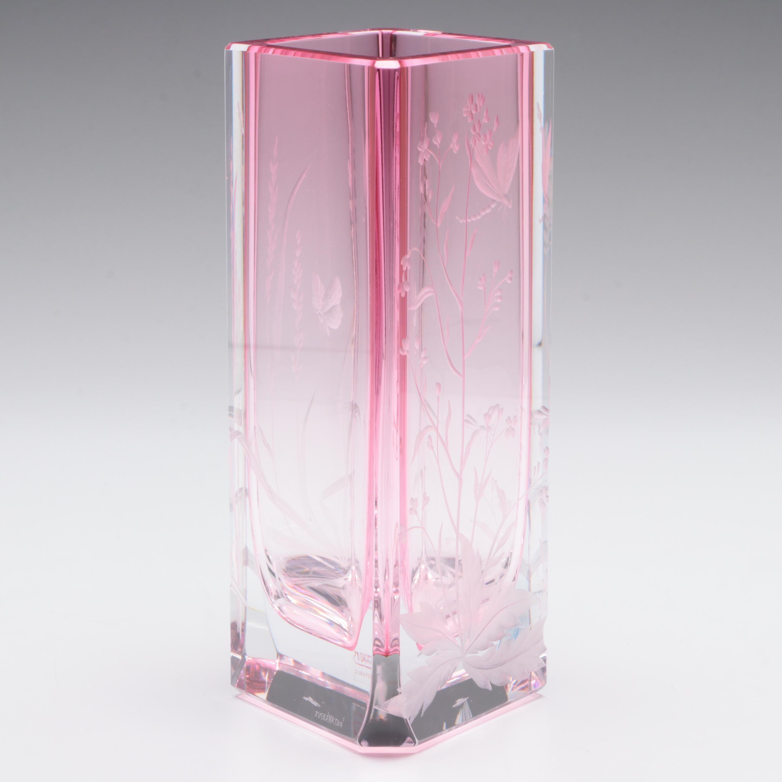 Milada Zvolánková for Moser Cut and Engraved Meadow Motif Rose Crystal Vase