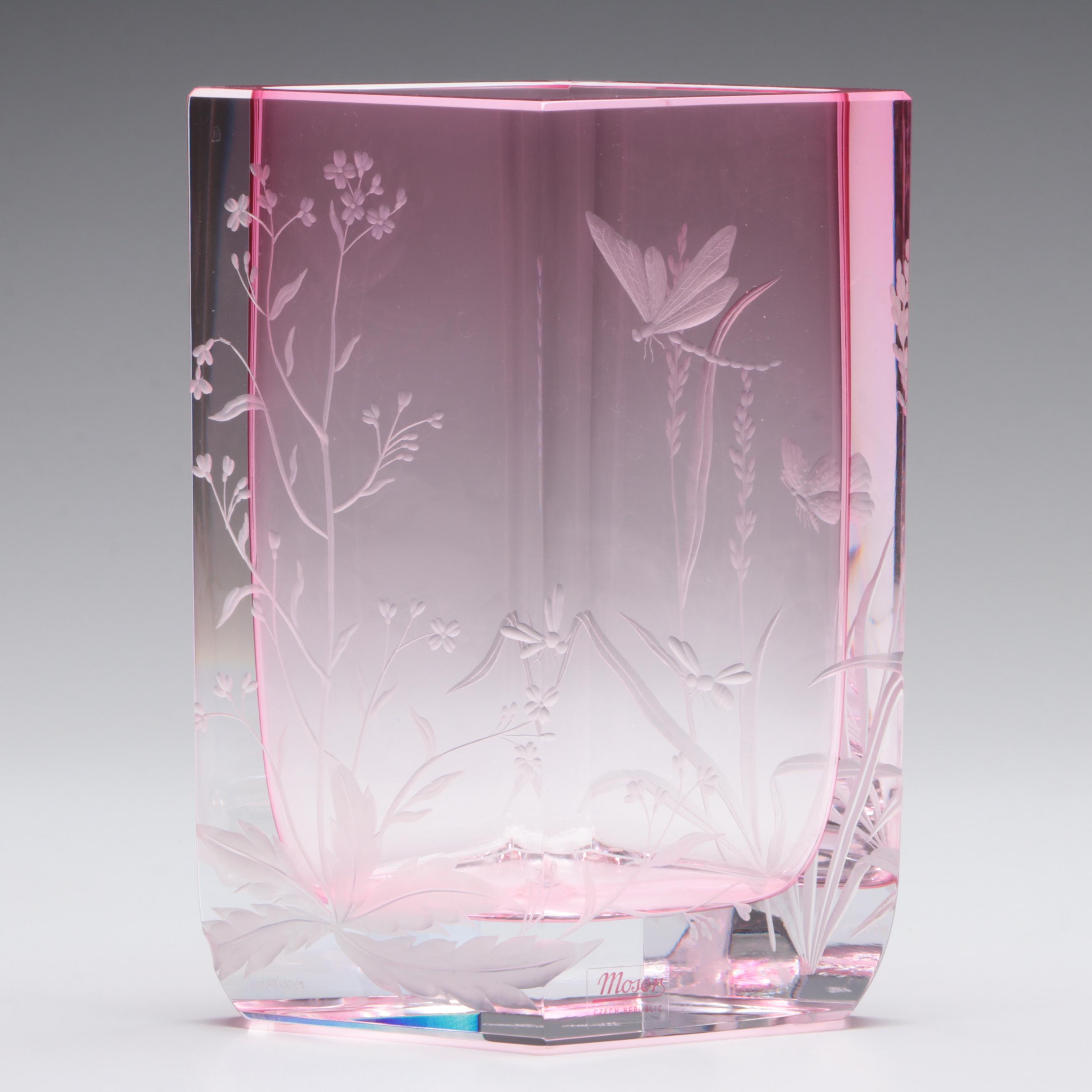Milada Zvolánková for Moser Cut and Engraved Meadow Motif Rose Crystal Vase