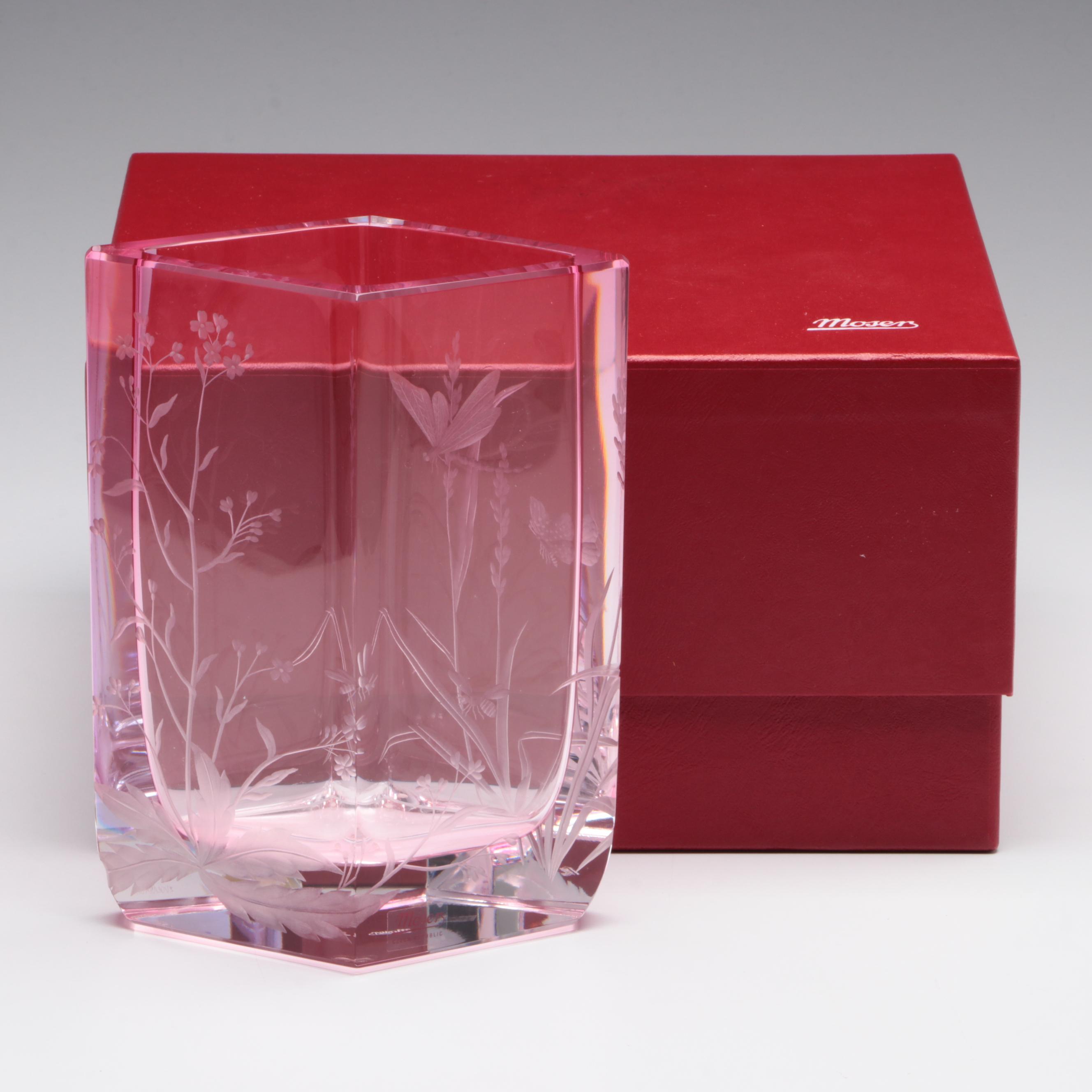 Milada Zvolánková for Moser Cut and Engraved Meadow Motif Rose Crystal Vase