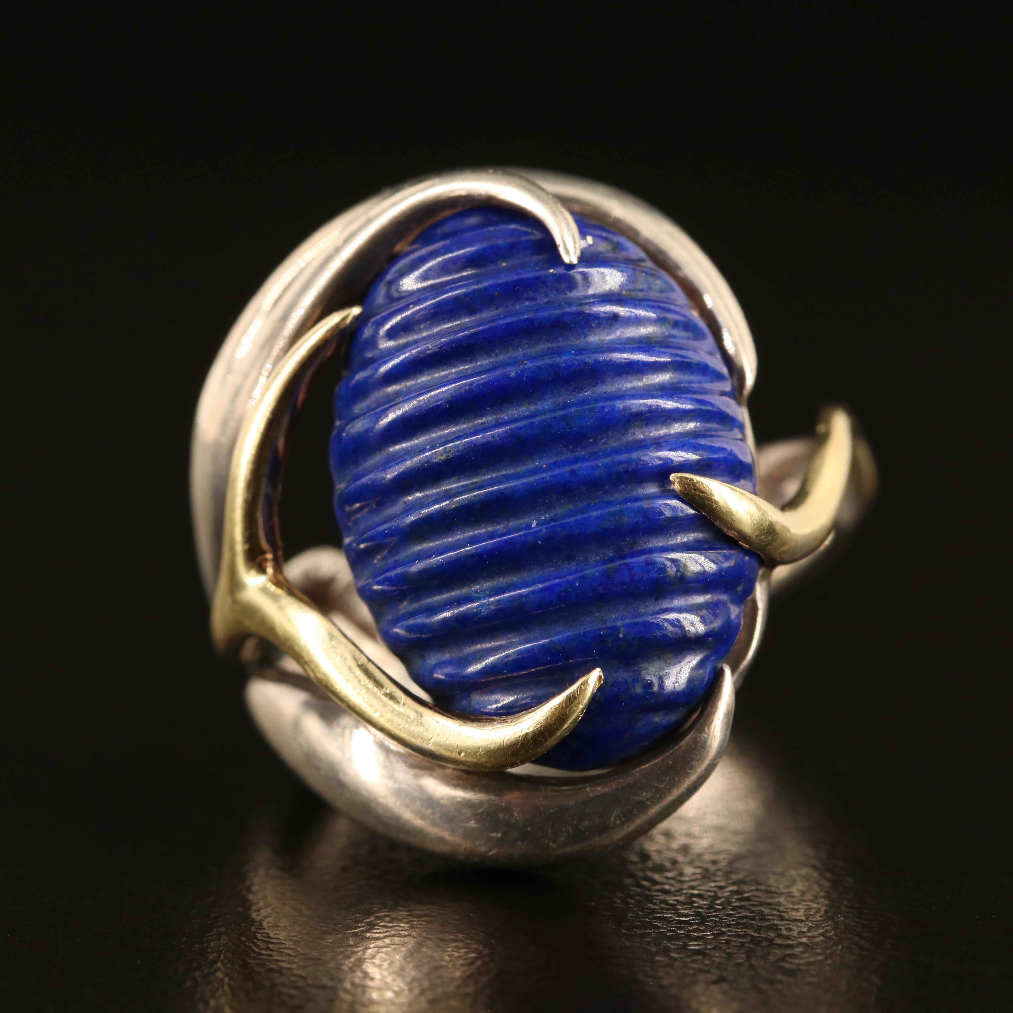 Sterling Fluted Lapis Lazuli Ring with 18K Accent