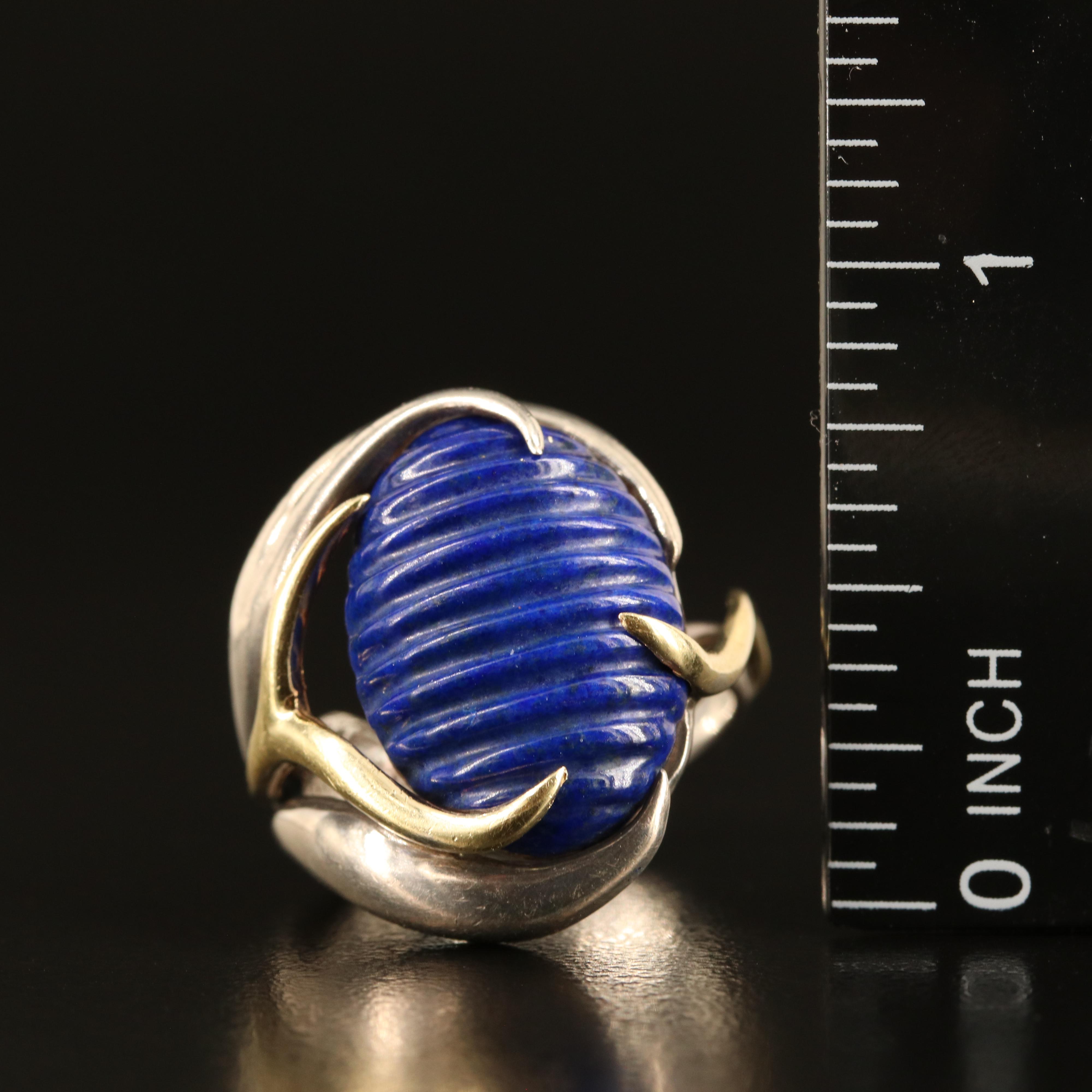 Sterling Fluted Lapis Lazuli Ring with 18K Accent