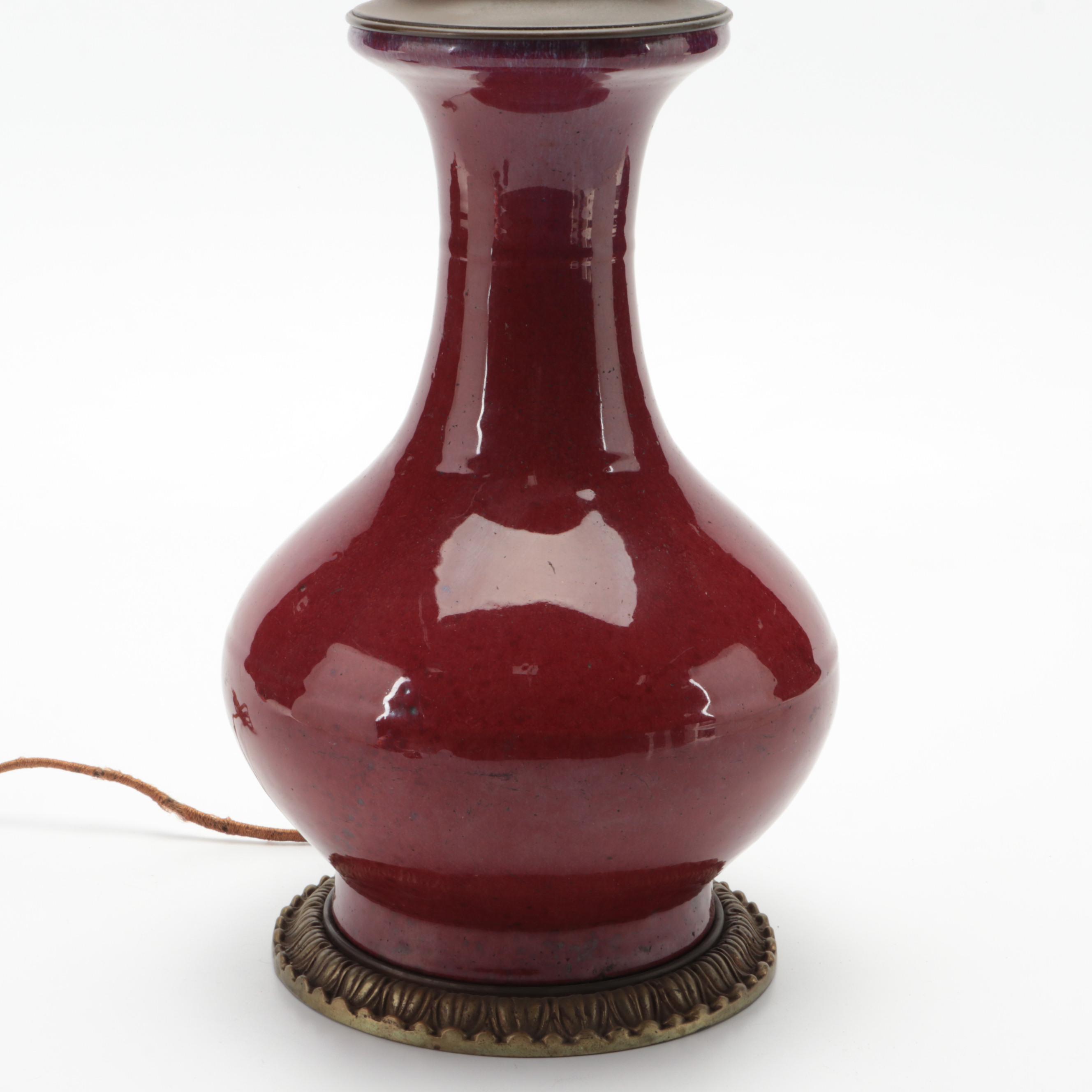 Chinese Flambé Sang de Boeuf Glazed Porcelain Vase Table Lamp