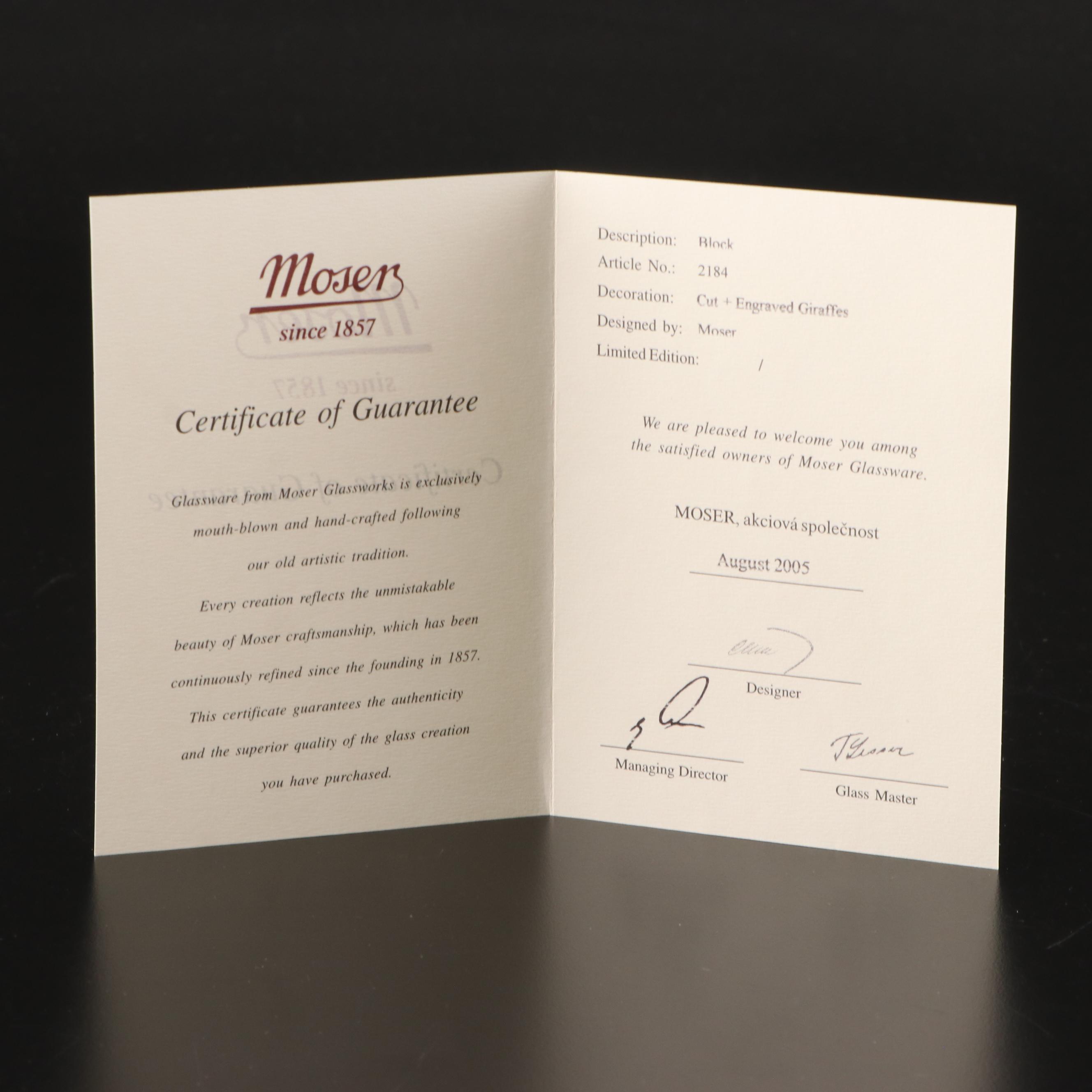 Moser Cut and Engraved Crystal Giraffe Figure, 2005