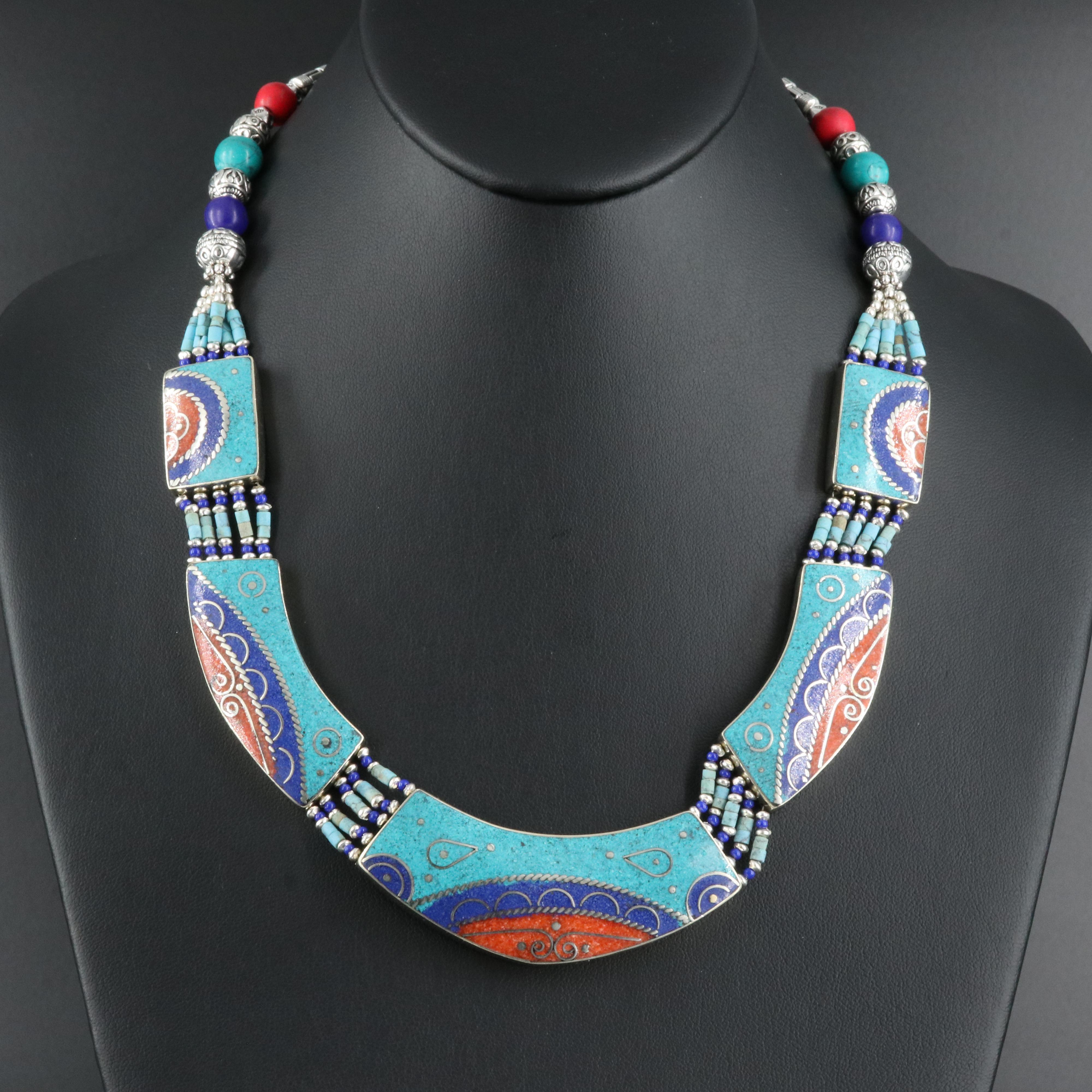 Inlay Necklace Including Chip Stone, Faux Turquoise and Faux Lapis Lazuli