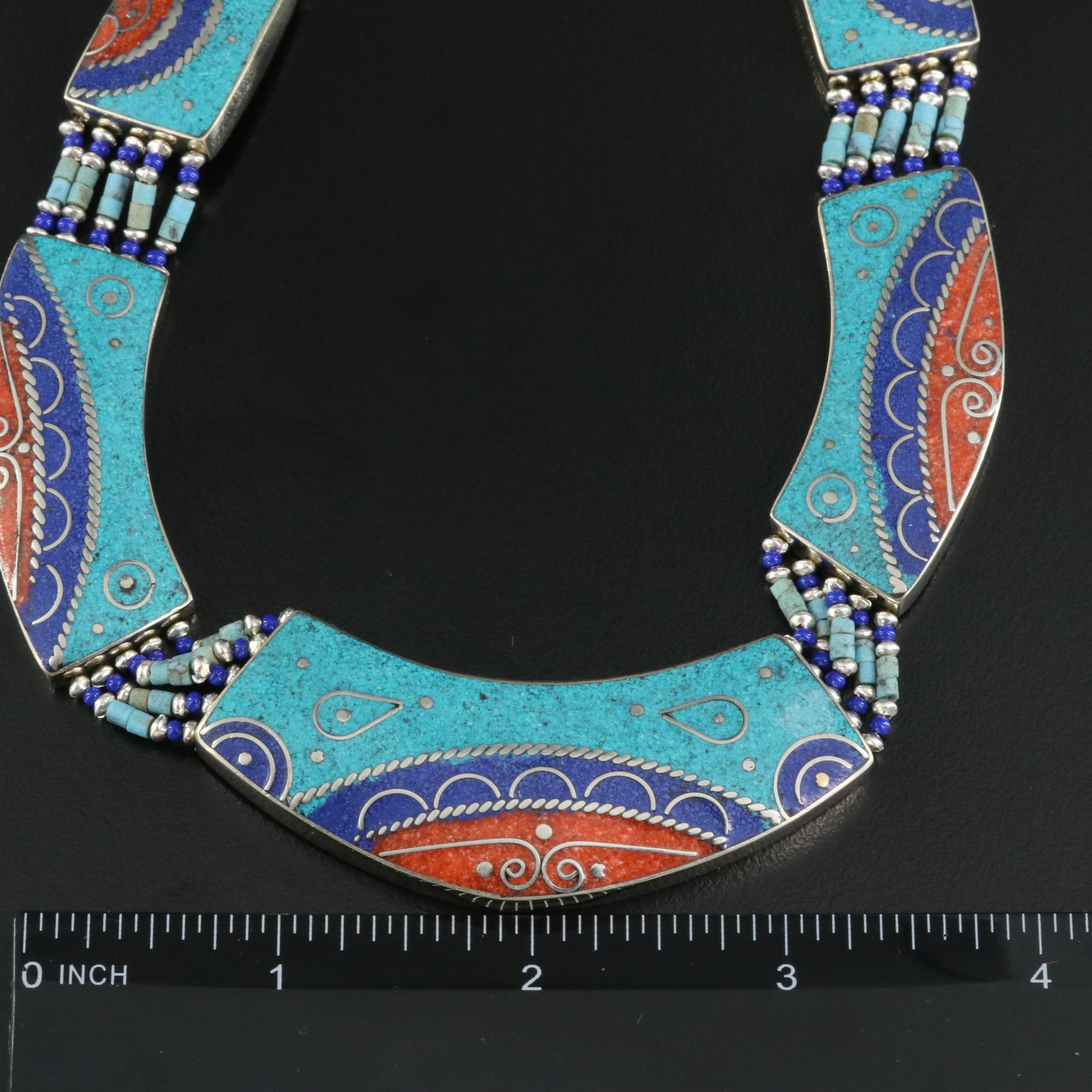 Inlay Necklace Including Chip Stone, Faux Turquoise and Faux Lapis Lazuli