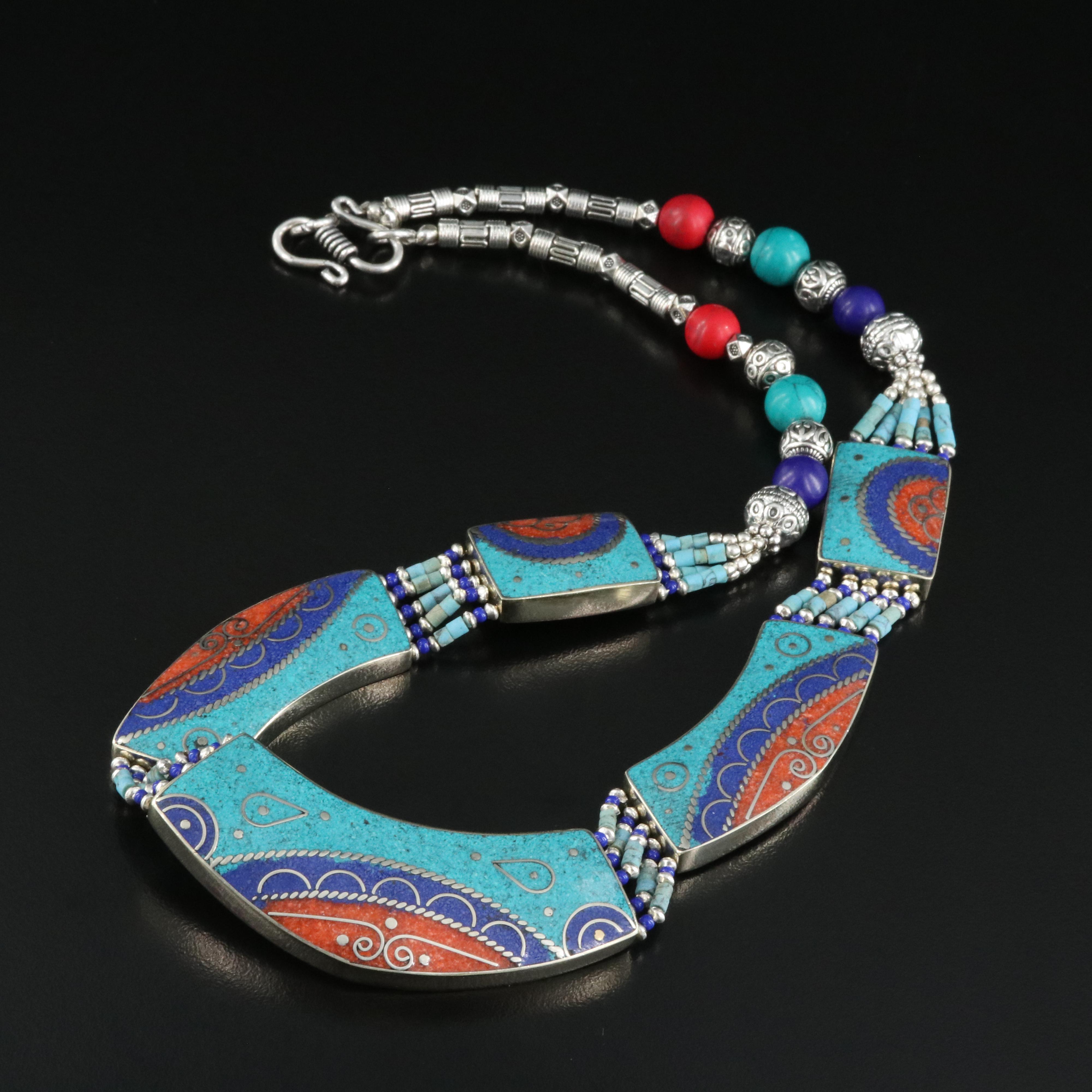 Inlay Necklace Including Chip Stone, Faux Turquoise and Faux Lapis Lazuli