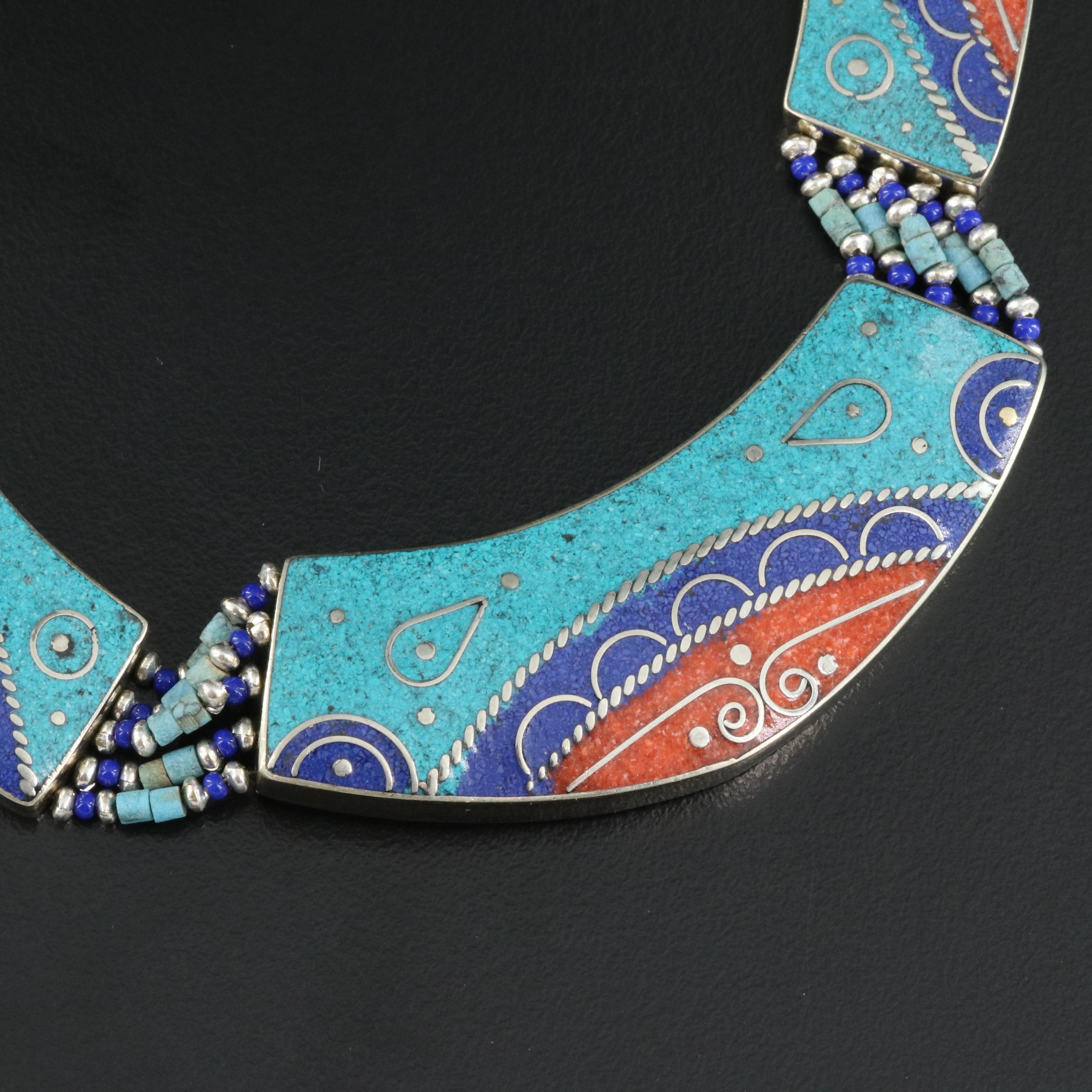 Inlay Necklace Including Chip Stone, Faux Turquoise and Faux Lapis Lazuli