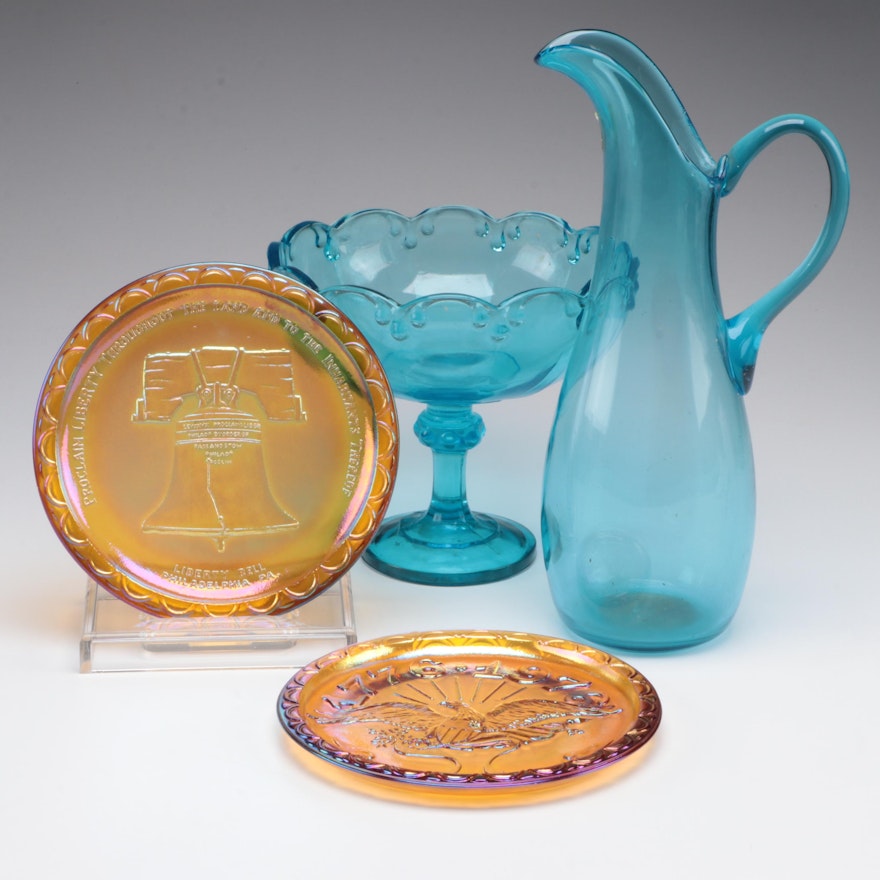 Itialin Blue Glass Pitcher with Other Compote and Commemorative Plates