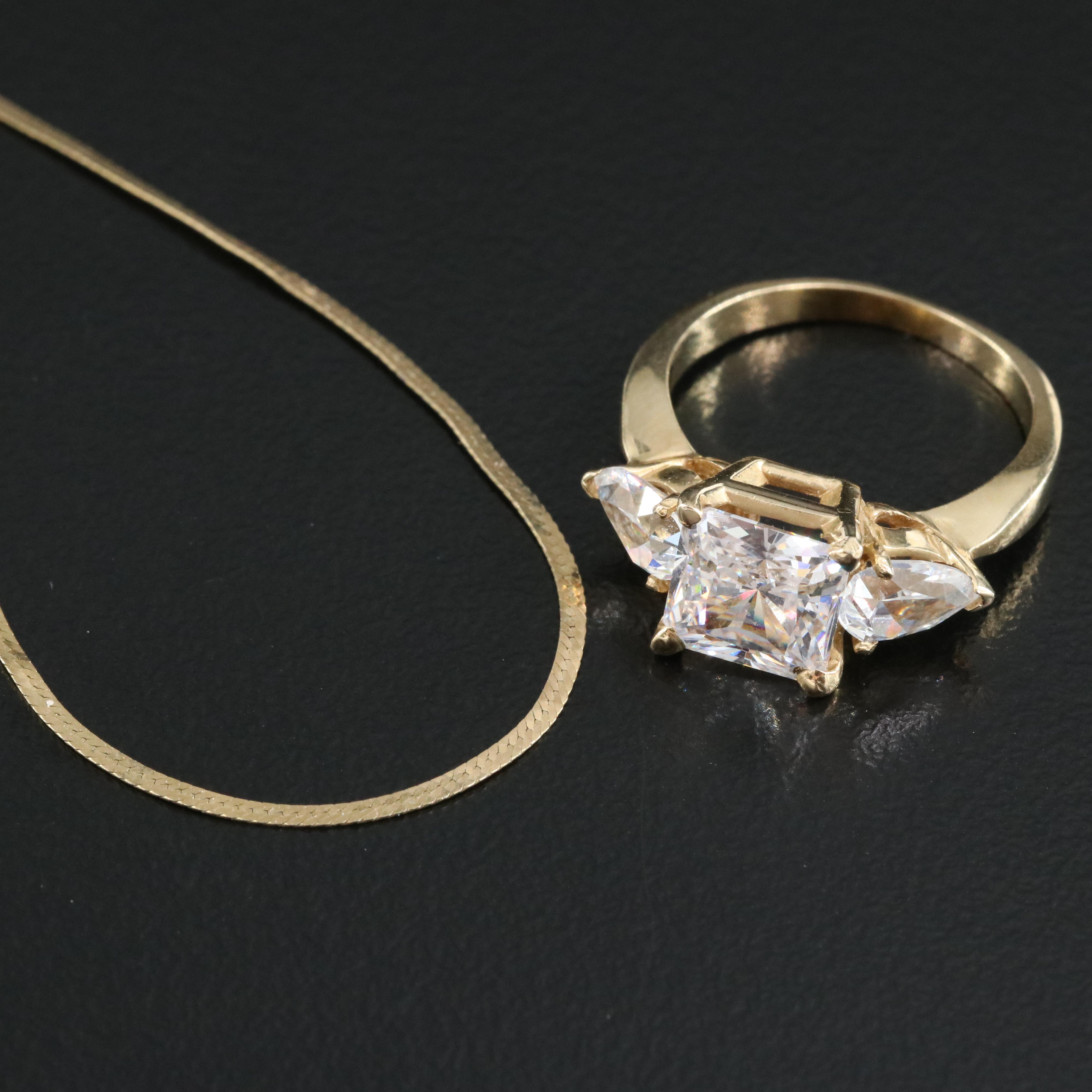 14K Cubic Zirconia Ring with 14K Herringbone Necklace