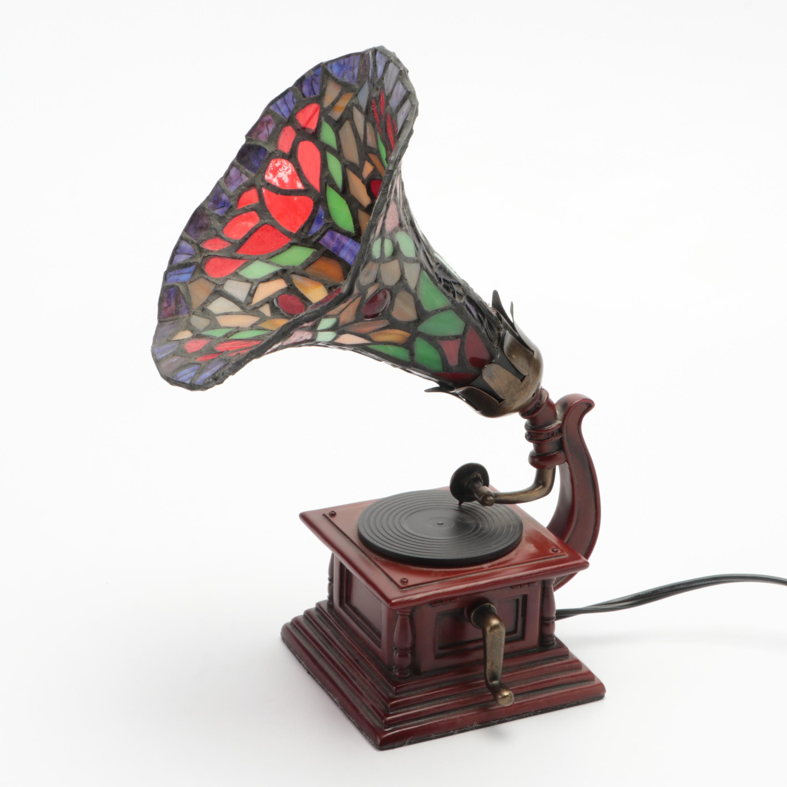 Gramophone Style Table Lamp with Slag Glass Shade with Wood Book-Form Box