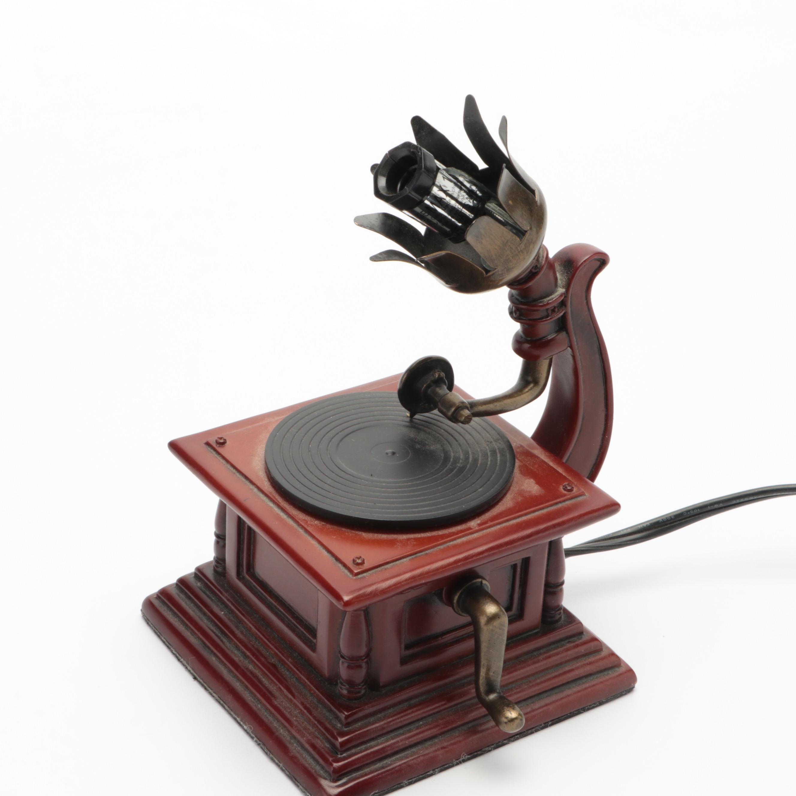 Gramophone Style Table Lamp with Slag Glass Shade with Wood Book-Form Box