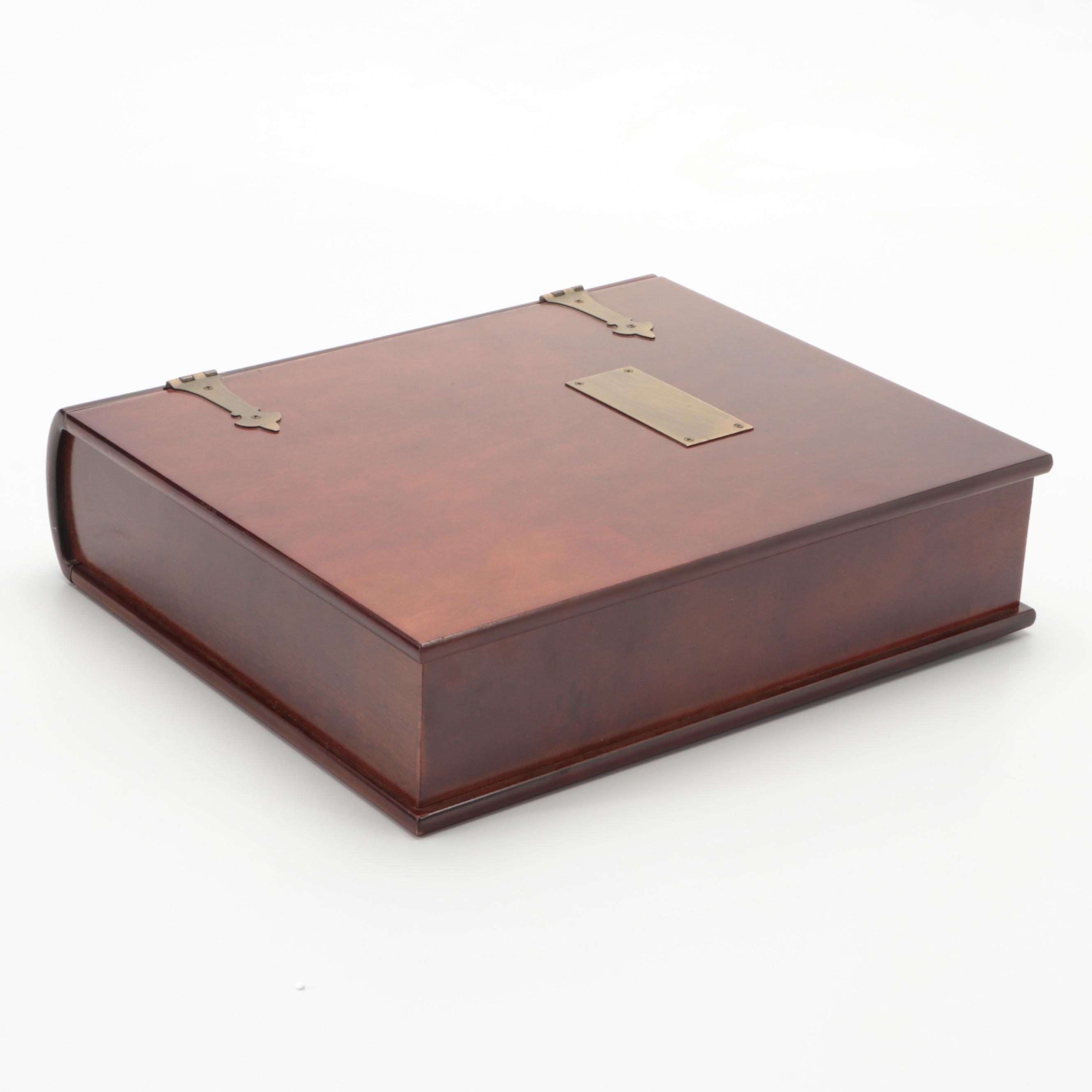 Gramophone Style Table Lamp with Slag Glass Shade with Wood Book-Form Box