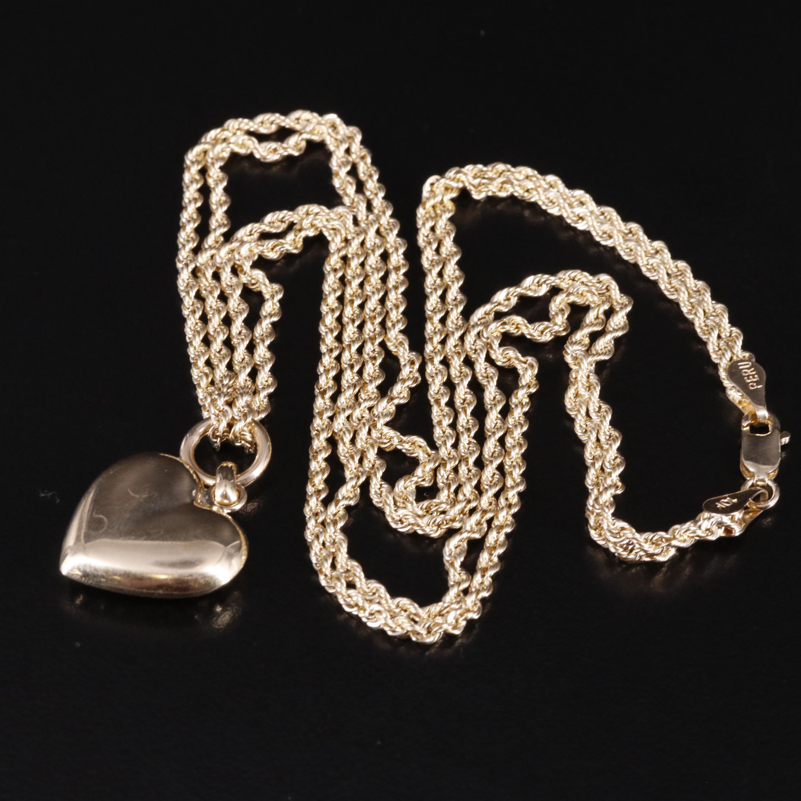 10K Double French Rope Chain Heart Necklace