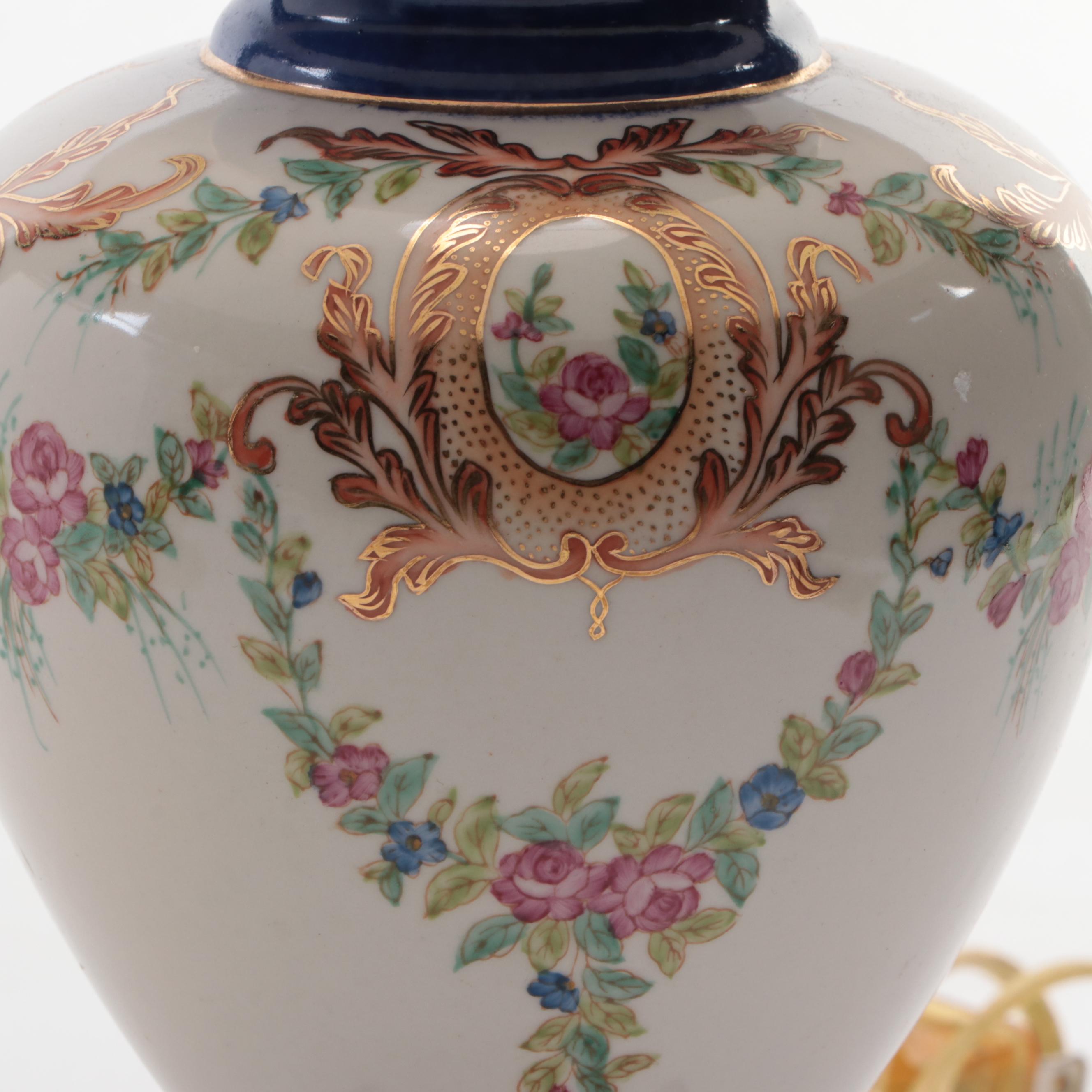 Hand-Painted Cobalt and Floral Ceramic Table Lamp With Blue and White Urn