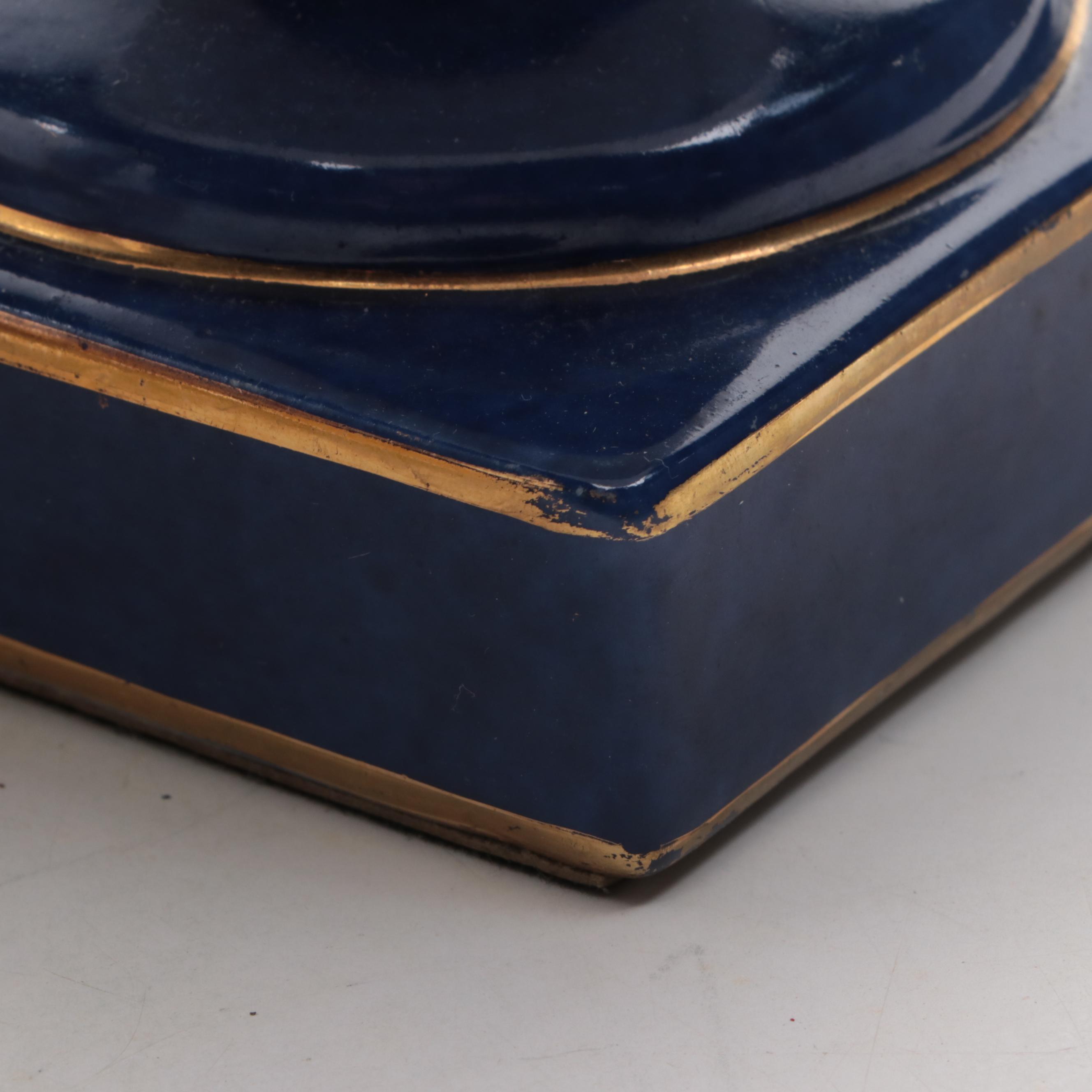 Hand-Painted Cobalt and Floral Ceramic Table Lamp With Blue and White Urn