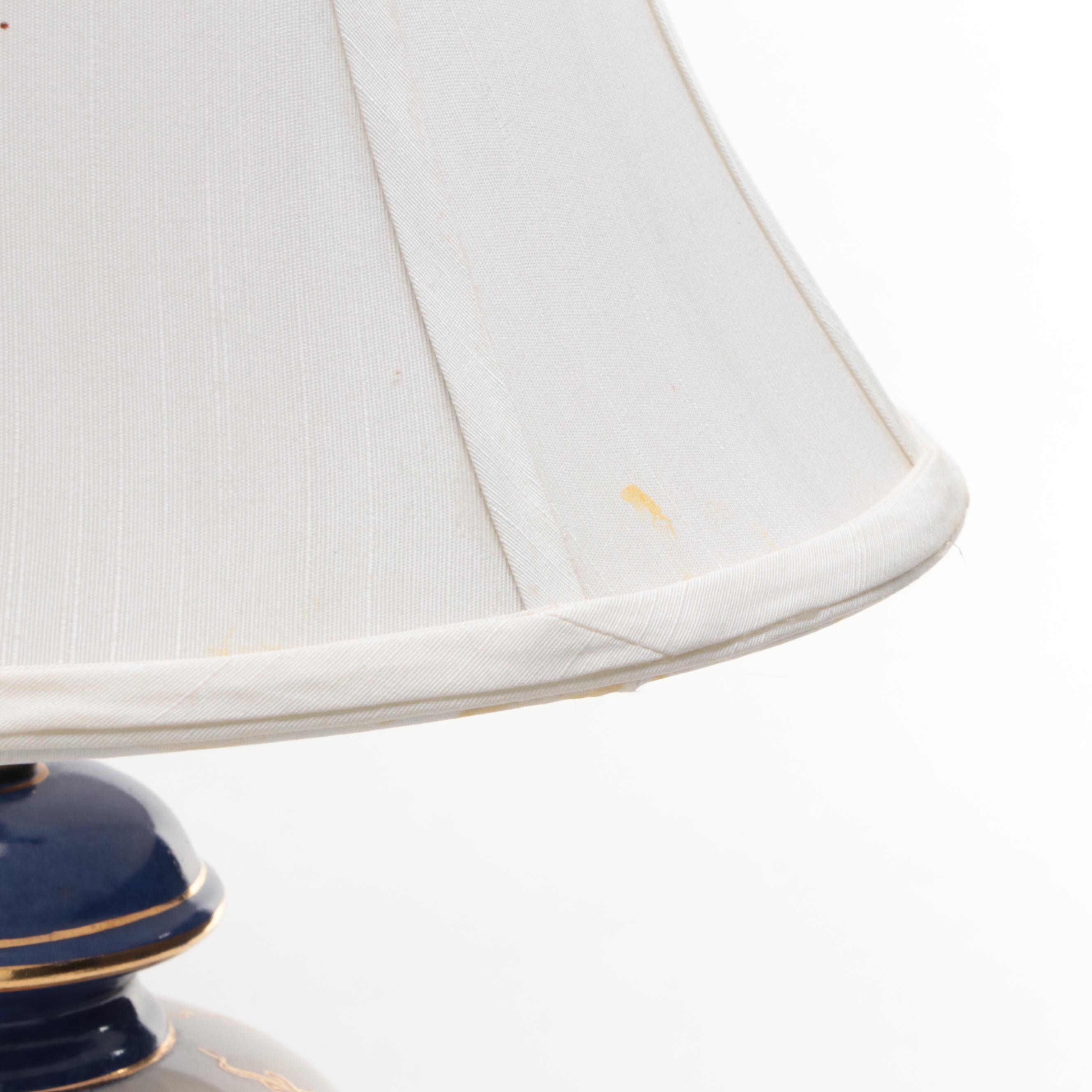 Hand-Painted Cobalt and Floral Ceramic Table Lamp With Blue and White Urn