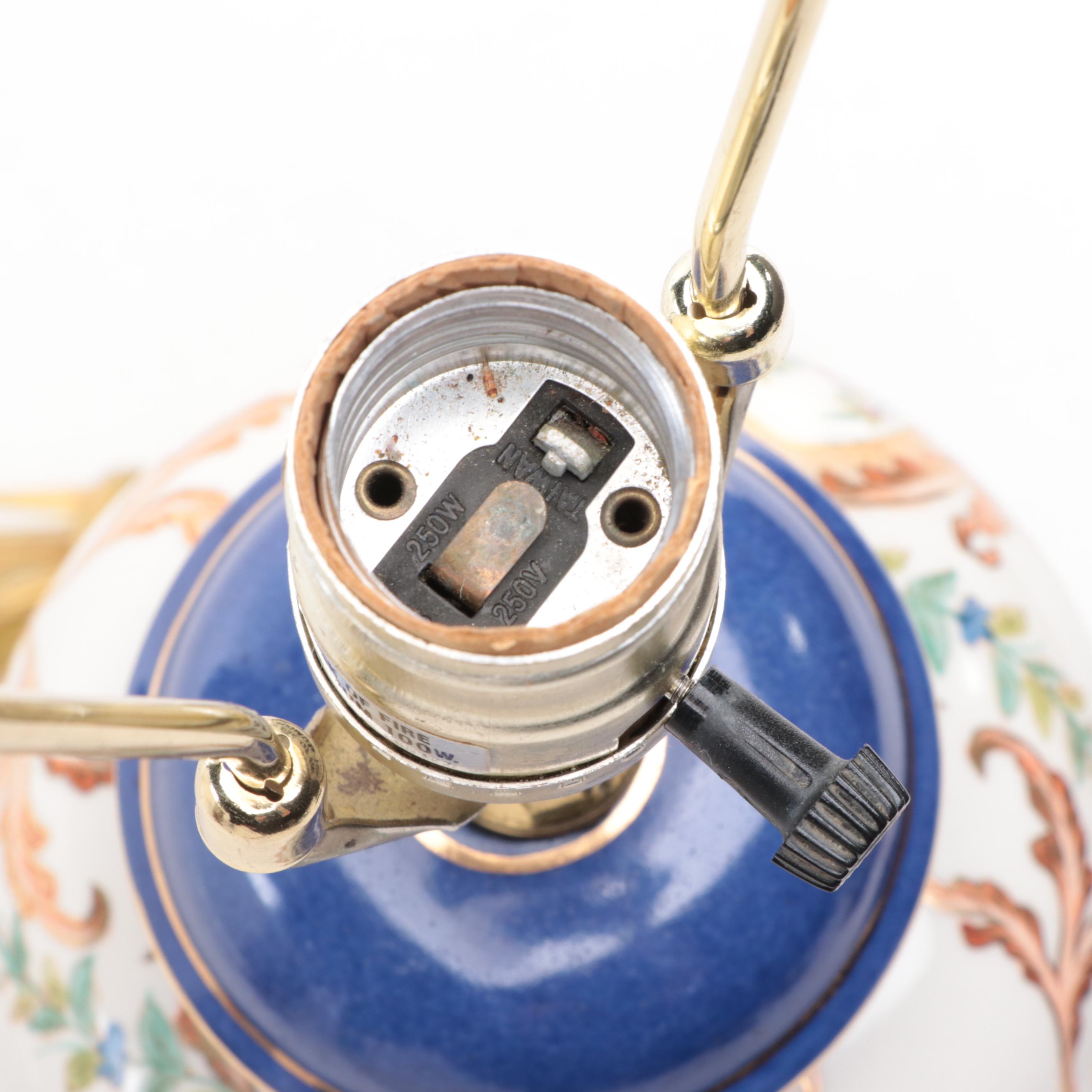 Hand-Painted Cobalt and Floral Ceramic Table Lamp With Blue and White Urn