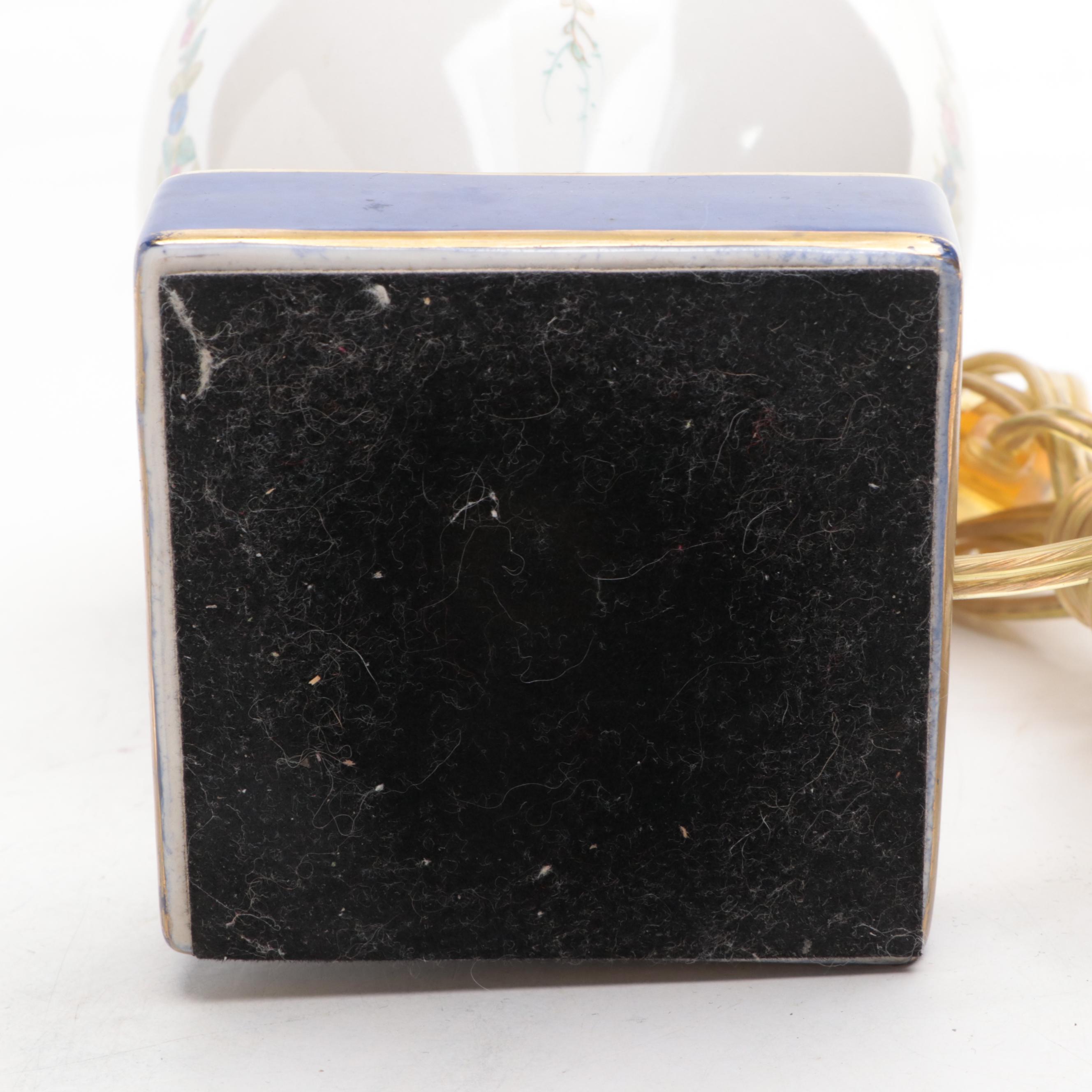 Hand-Painted Cobalt and Floral Ceramic Table Lamp With Blue and White Urn