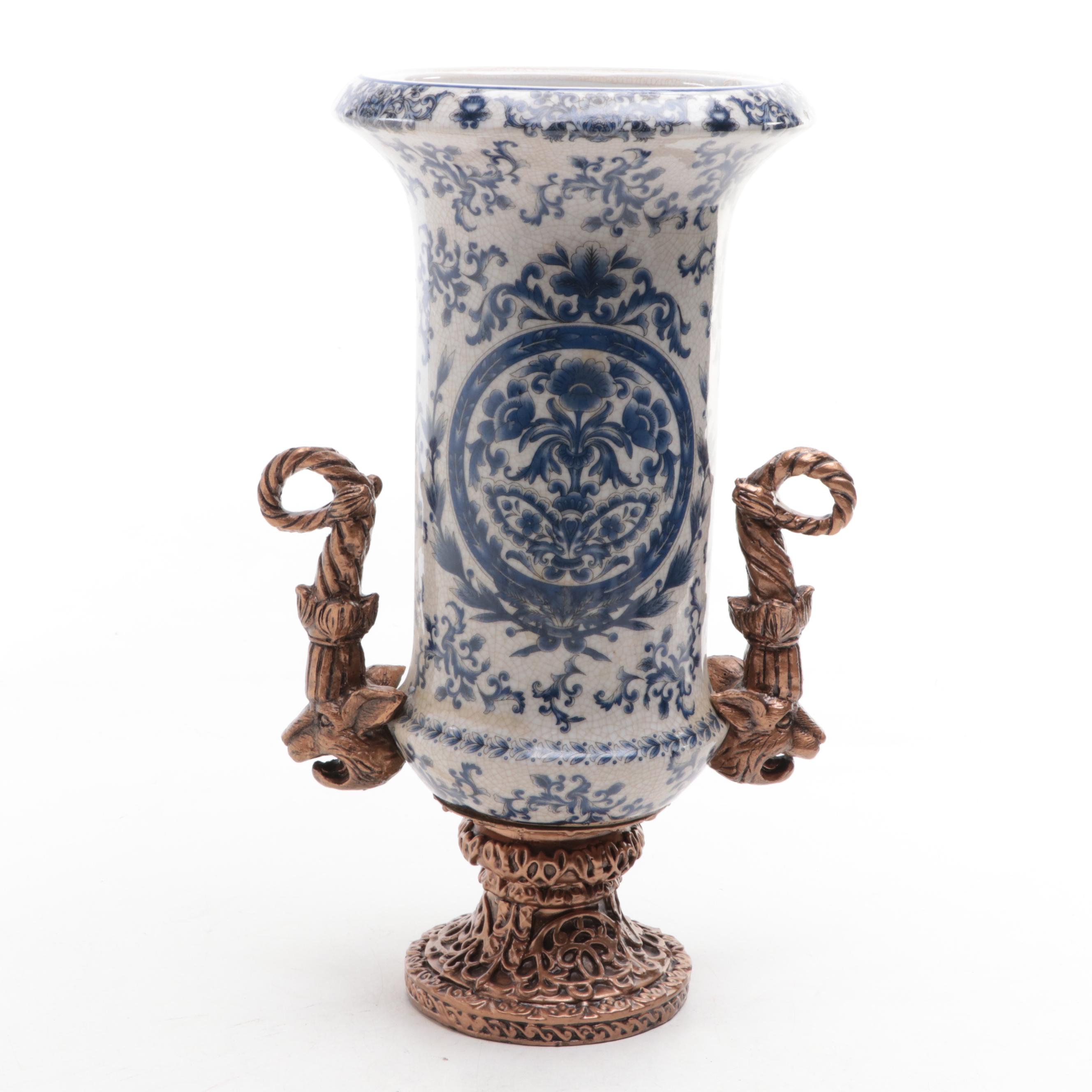 Hand-Painted Cobalt and Floral Ceramic Table Lamp With Blue and White Urn