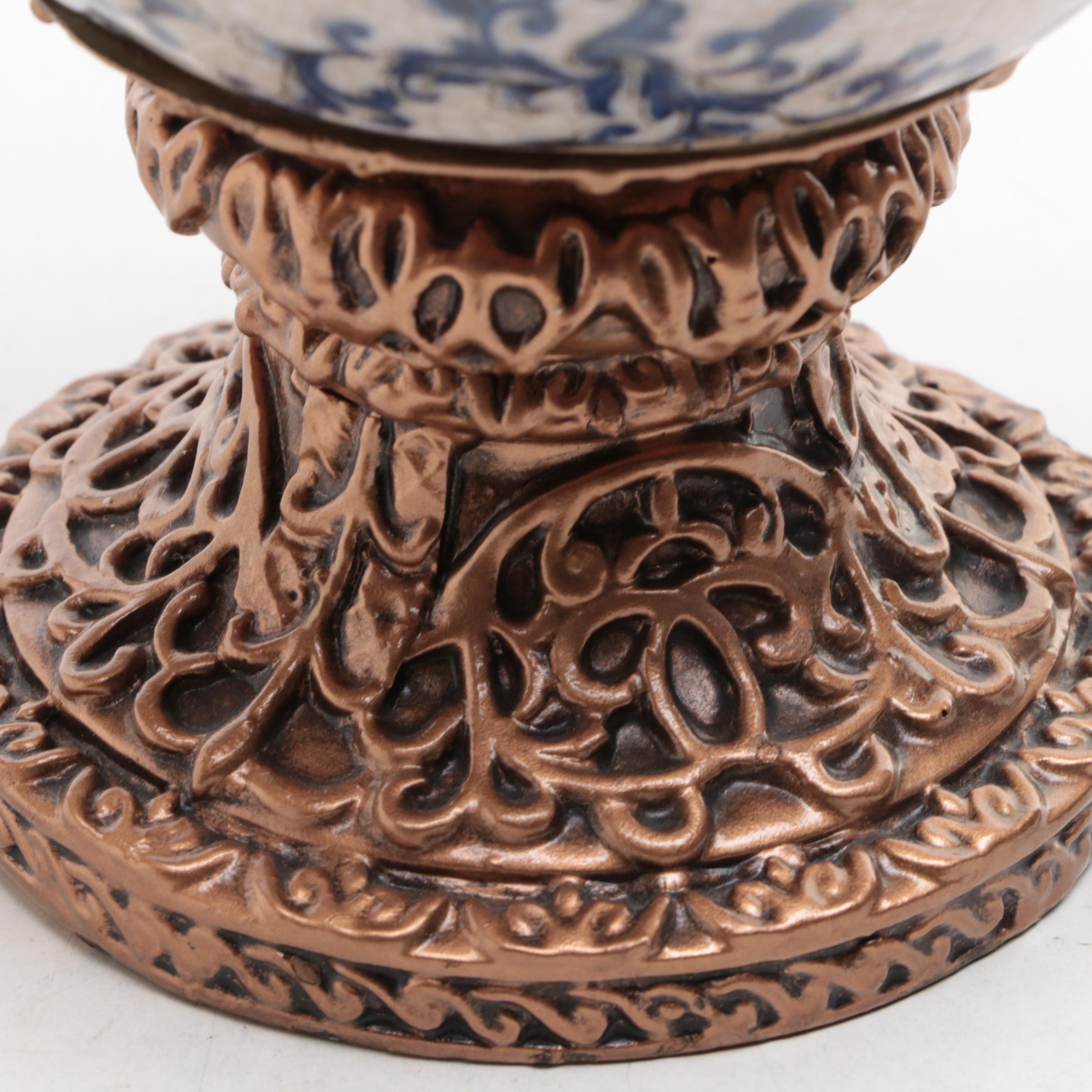 Hand-Painted Cobalt and Floral Ceramic Table Lamp With Blue and White Urn