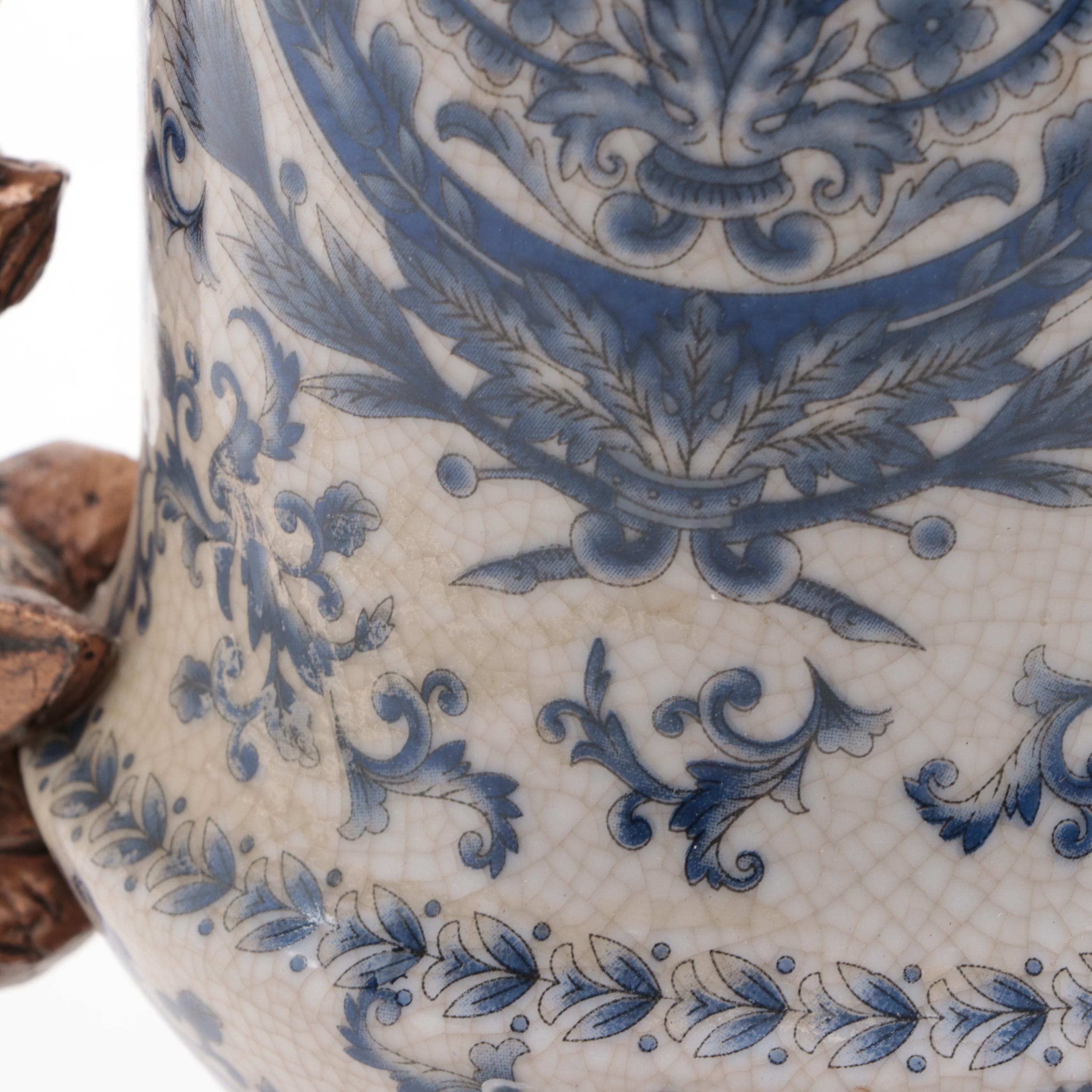 Hand-Painted Cobalt and Floral Ceramic Table Lamp With Blue and White Urn