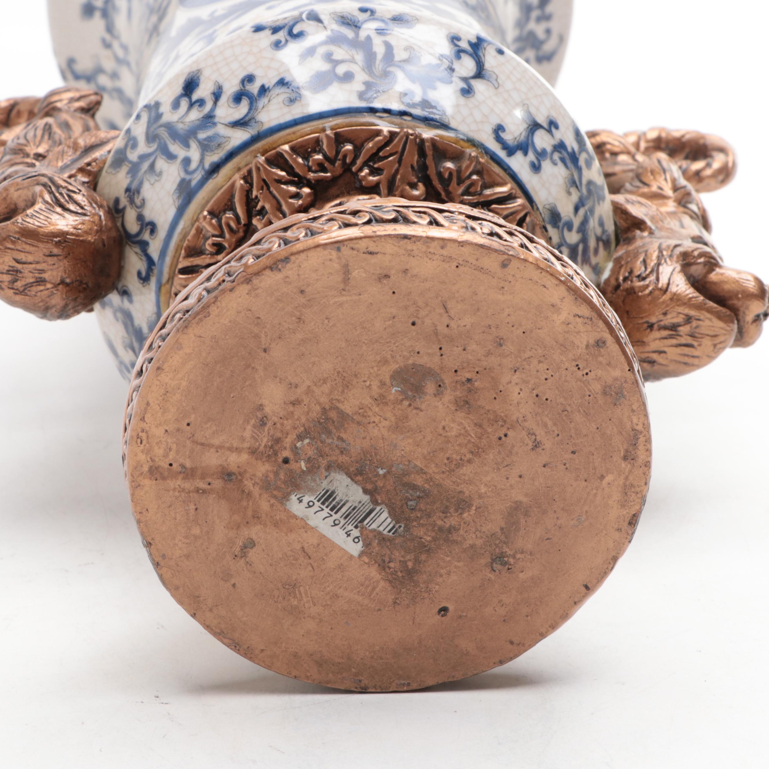 Hand-Painted Cobalt and Floral Ceramic Table Lamp With Blue and White Urn